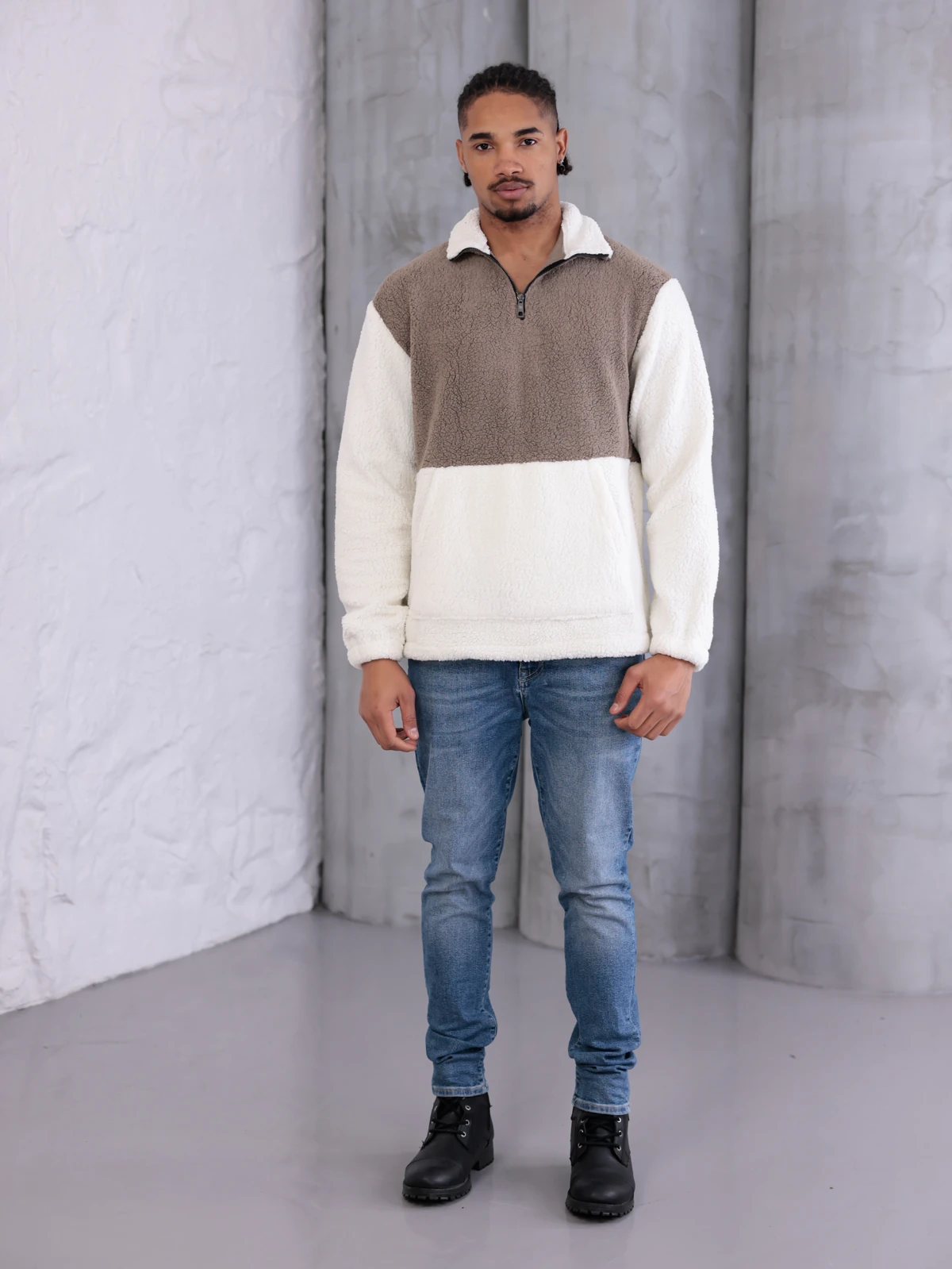 SUNİ KUZU YARIM FERMUARLI SWEATSHIRT - Vizon-Ekru