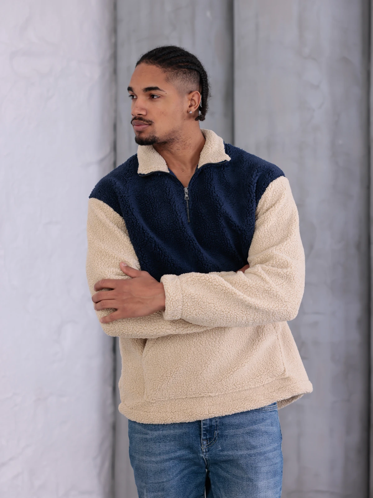 SUNİ KUZU YARIM FERMUARLI SWEATSHIRT - Lacivert-Bej