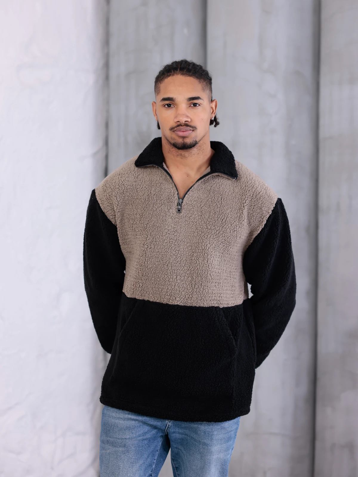 SUNİ KUZU YARIM FERMUARLI SWEATSHIRT - Vizon-Siyah