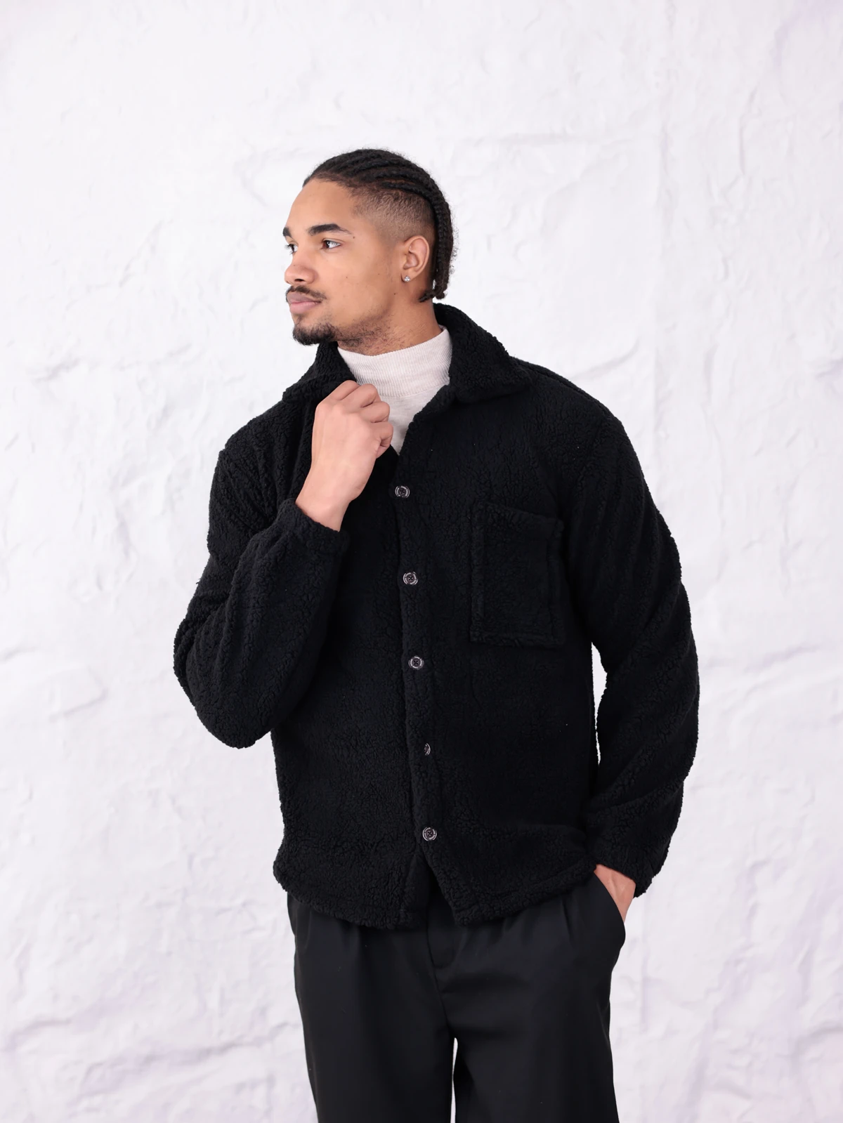 SUNİ KUZU DÜĞMELİ CEKET - Siyah