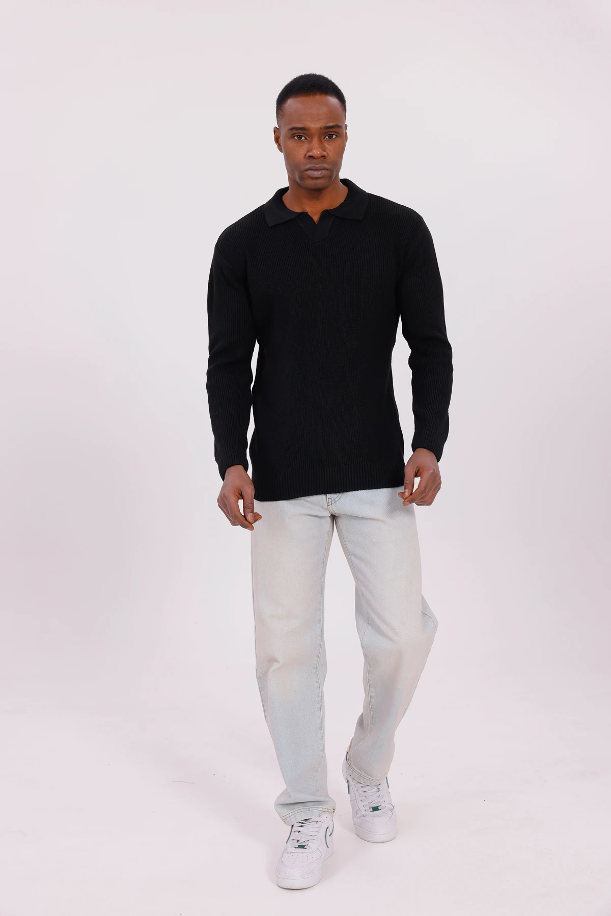 V YAKA ÖRGÜLÜ KAZAK - Siyah