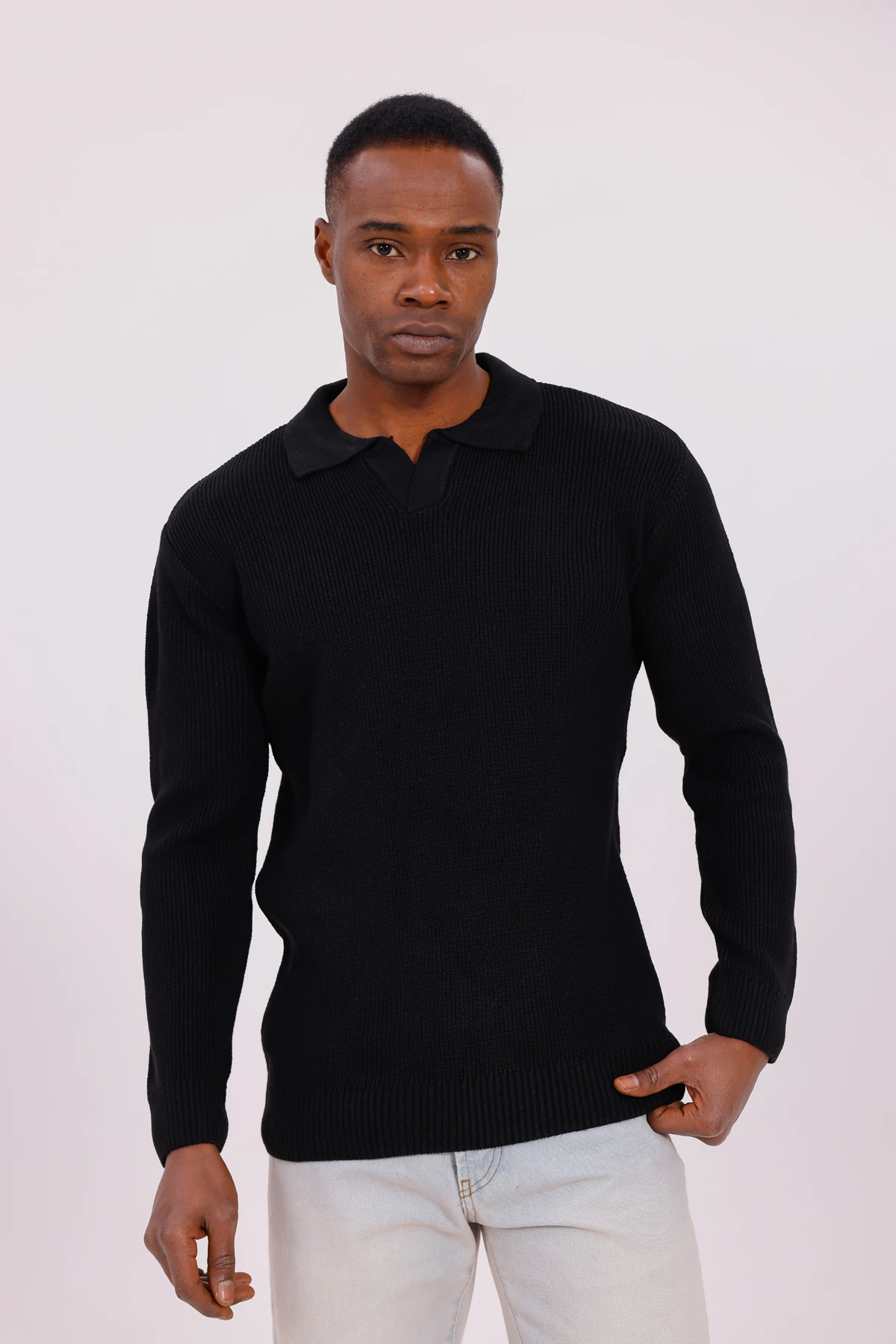 V YAKA ÖRGÜLÜ KAZAK - Siyah