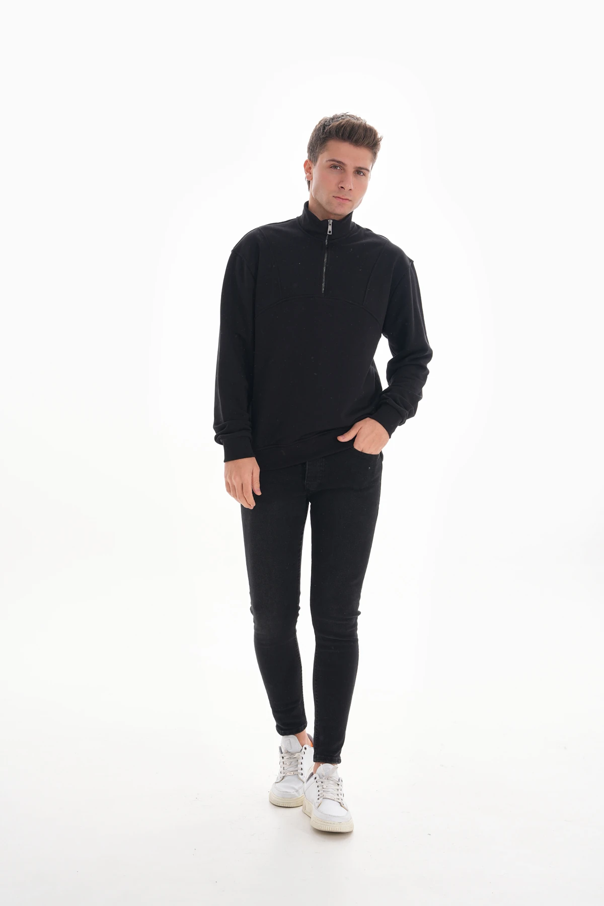 SPLIT YARIM FERMUARLI SWEATSHIRT - Siyah