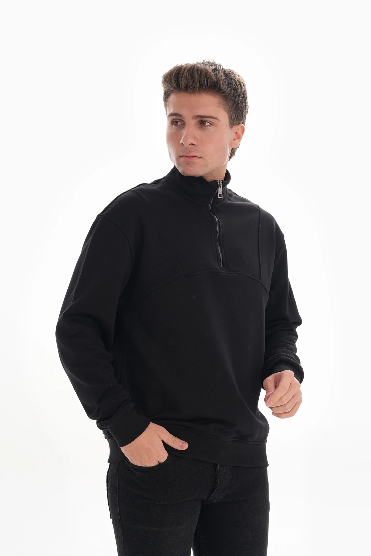 SPLIT YARIM FERMUARLI SWEATSHIRT - Siyah