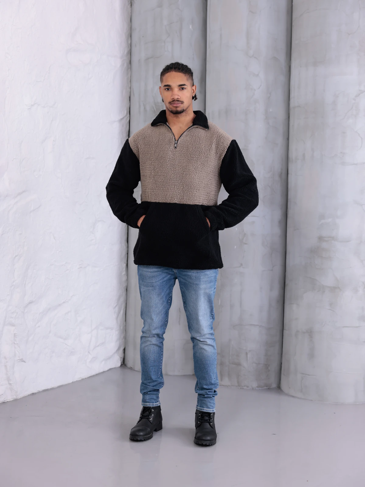 SUNİ KUZU YARIM FERMUARLI SWEATSHIRT - Vizon-Siyah