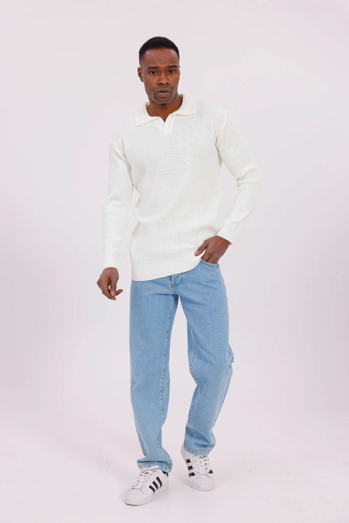 V YAKA ÖRGÜLÜ KAZAK - Ekru