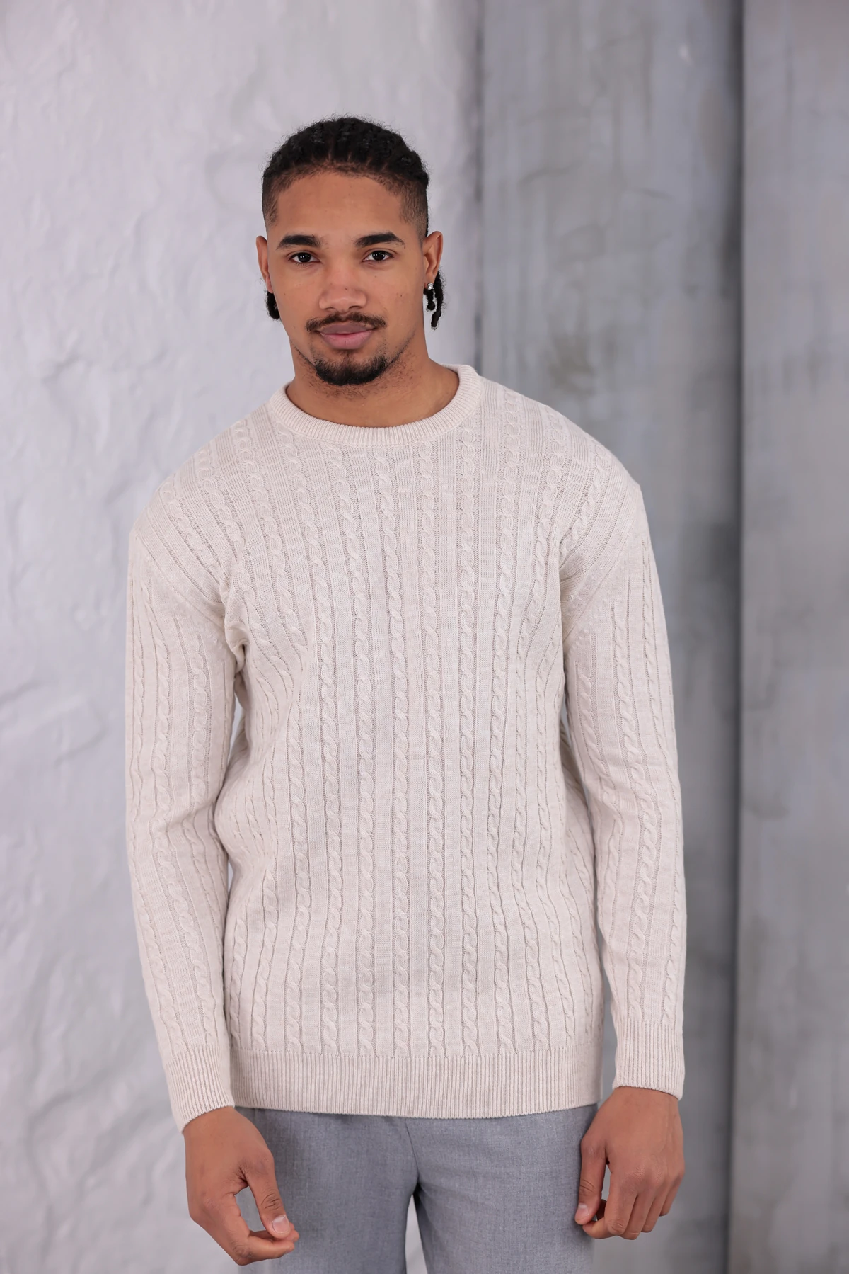 ÖRGÜLÜ SIFIR YAKA KAZAK - Bej