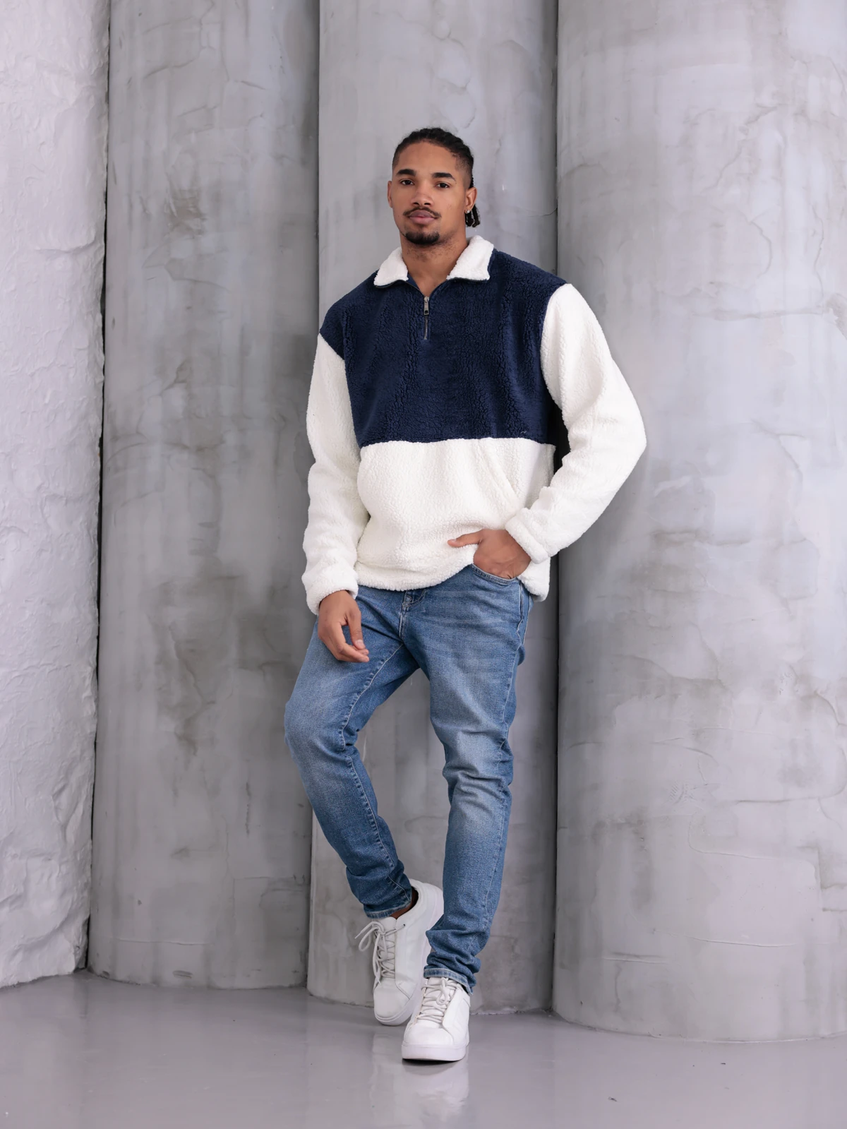 SUNİ KUZU YARIM FERMUARLI SWEATSHIRT - Lacivert-Ekru