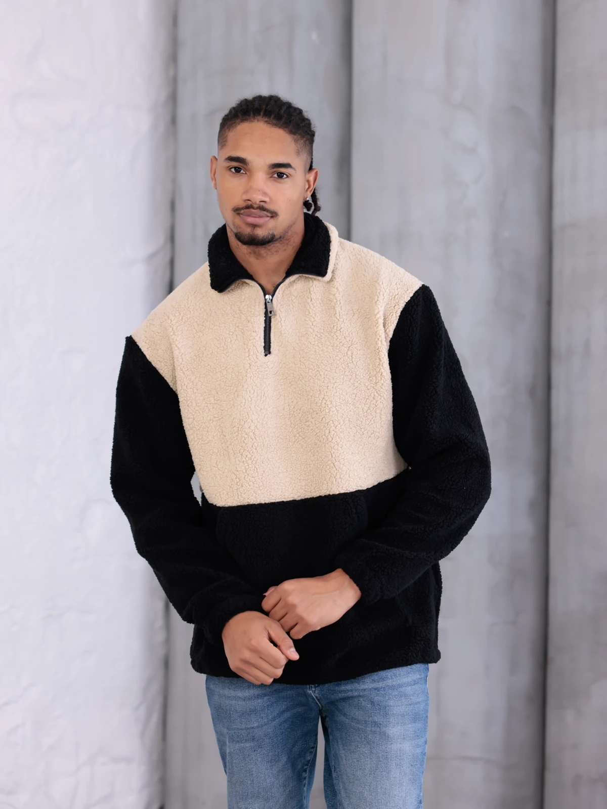 SUNİ KUZU YARIM FERMUARLI SWEATSHIRT - Bej-Siyah