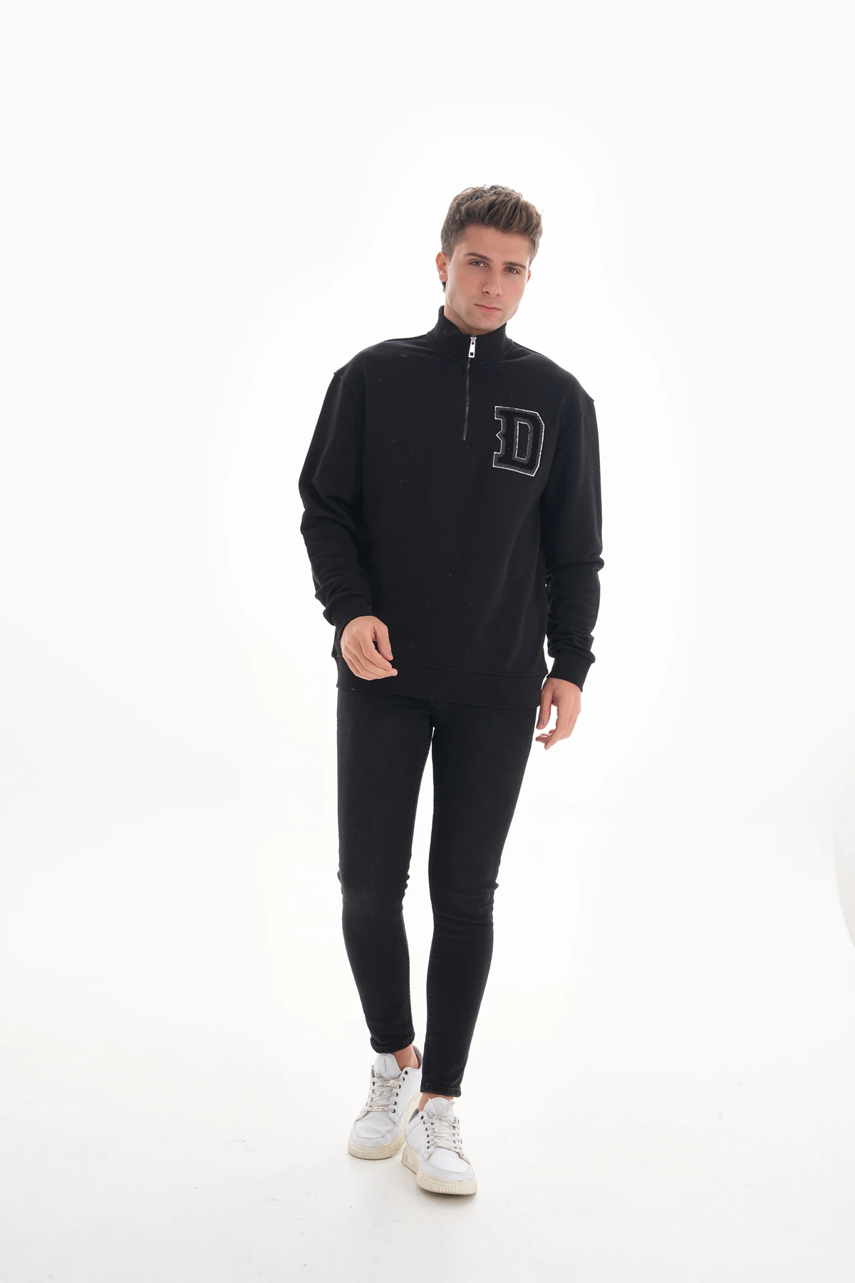 EMBRO YARIM FERMUARLI SWEATSHIRT - Siyah