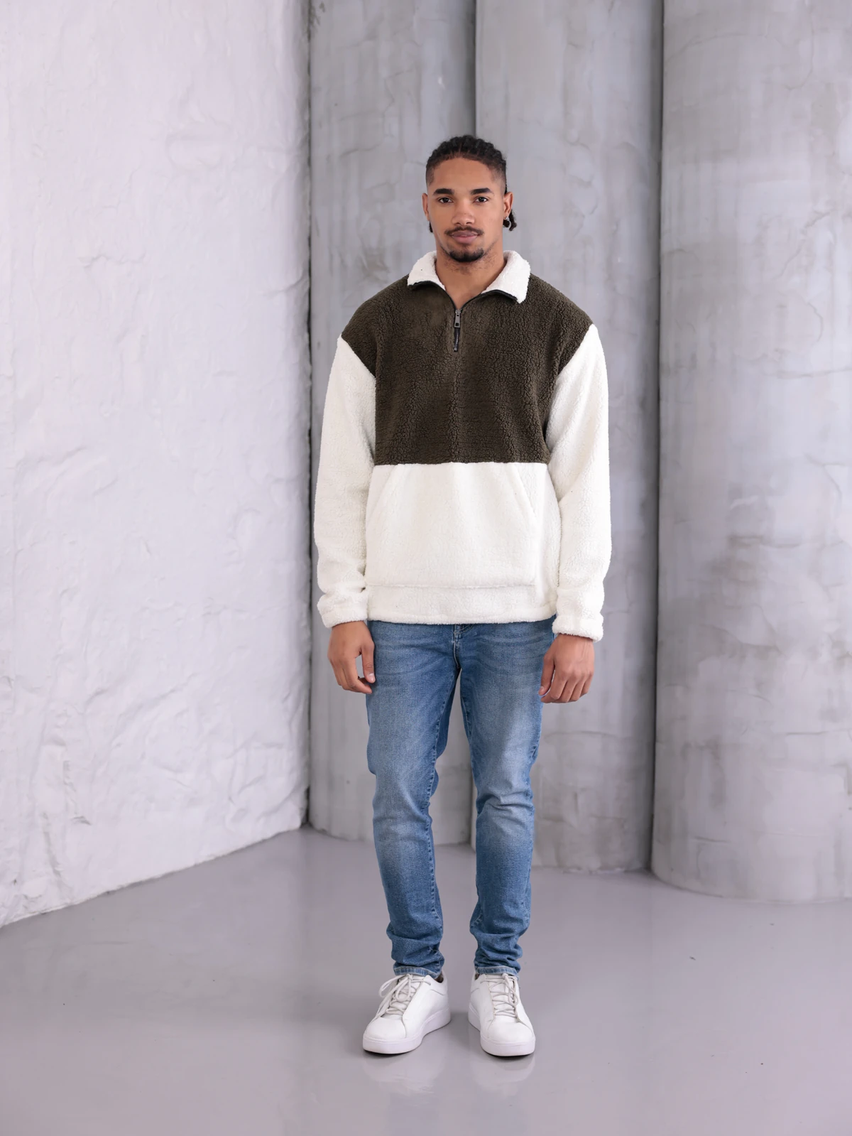 SUNİ KUZU YARIM FERMUARLI SWEATSHIRT - Haki-Ekru