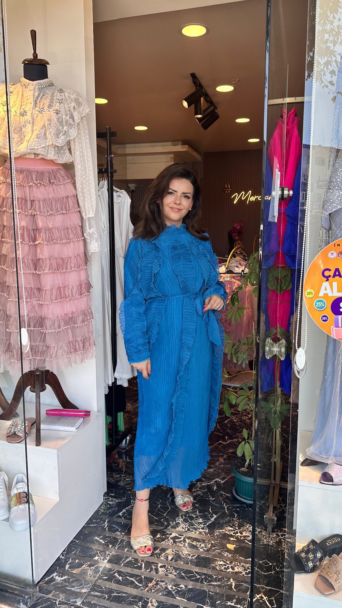 İthal ipek fırfırlı elbise indigo