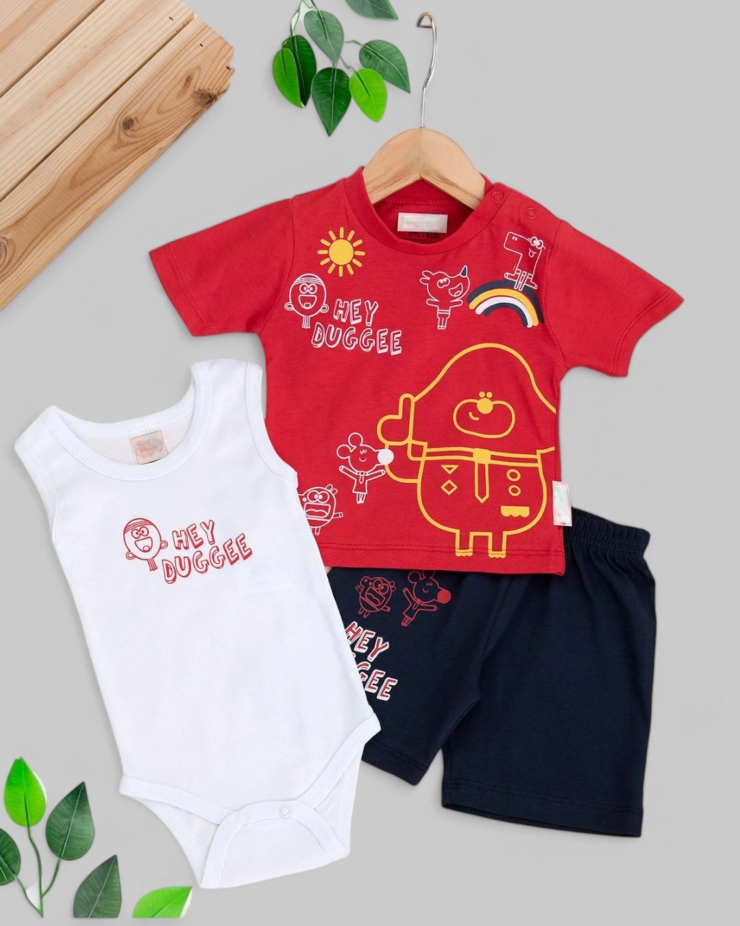 ERKEK BEBEK 3 PARÇA YAZLIK ÇITÇITLI BODYLİ BASKILI İNTERLOK 6-9-12-18-24 AY BEBEK TAKIMI R1689 - KIRMIZI