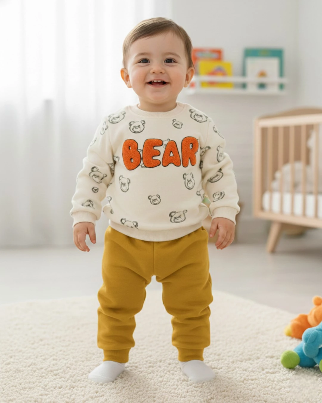 Erkek Bebek Bear Nakışlı Kışlık 3 İp Şardonlu 6-9-12-18-24 Ay Alt Üst Bebek Takımı R2393 - SARI