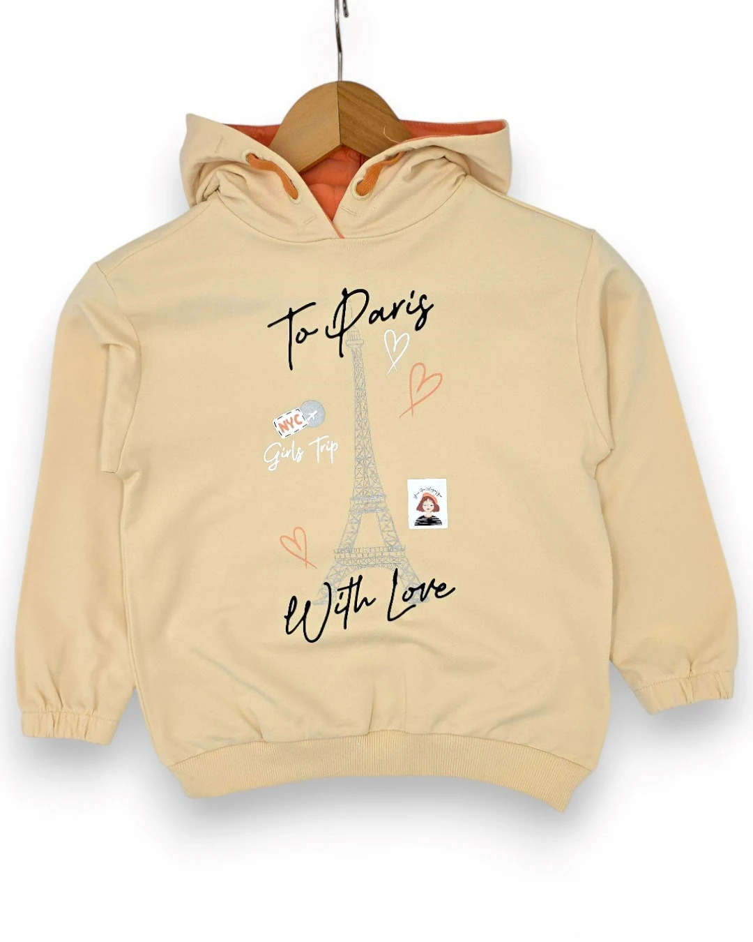 Kız Çocuk 6-7-8-9-10 Yaş Mevsimlik Kapüşonlu Paris Baskılı Alt Üst Eşofan Takım R2328