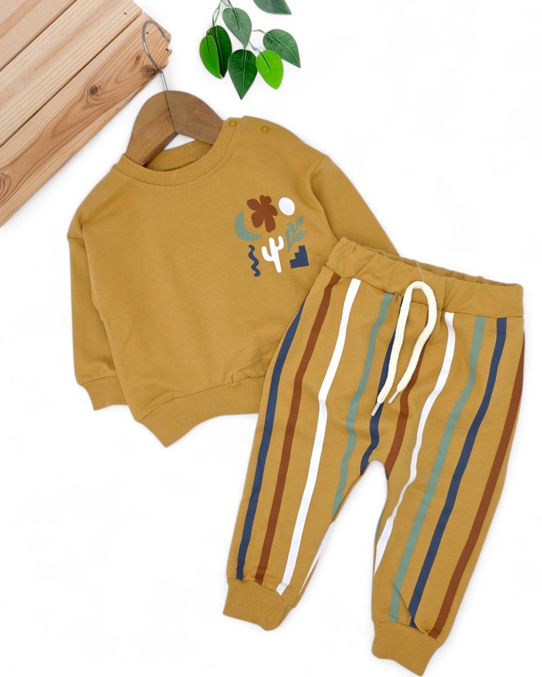 Erkek Bebek Mevsimlil Baskılı Sweatshirt, Çizgili Altlı 6-9-12-18-24 Ay 2'li Alt Üst Takım R2104 - HARDAL