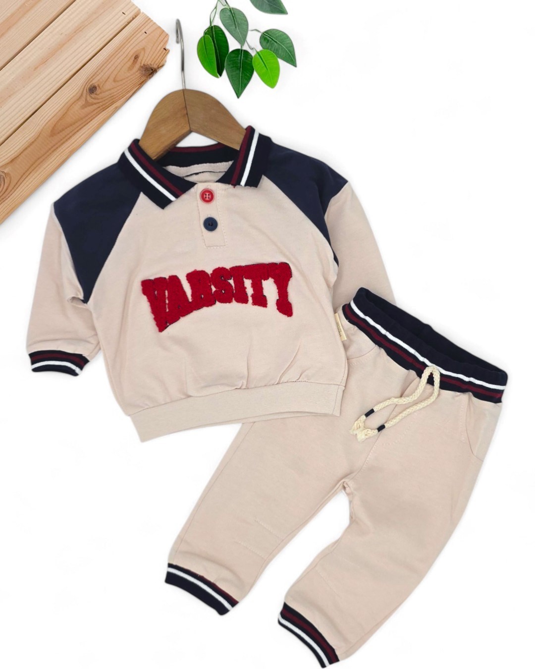 Erkek Bebek Mevsimlik Polo Yakalı Nakışlı 6-9-12-18-24 Ay Şık Takım R2046 - KREM