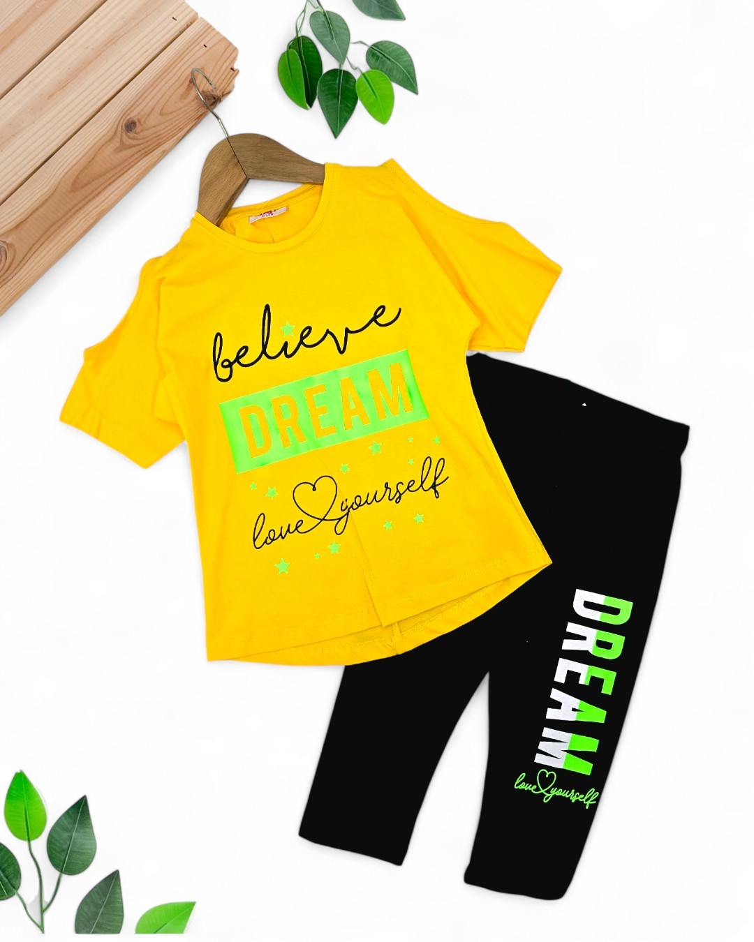 KIZ ÇOCUK TAYTLI YAZLIK 5-6-7-8-9 YAŞ OMZU AÇIK T-SHIRTLÜ ALT ÜST TAKIM OT70 - SARI