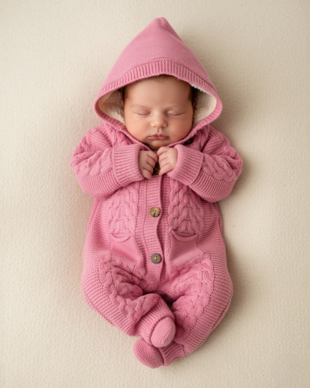 Kışlık Triko Bebek Tulumu, İçi Welsoftlu Düğmeli, Kapüşonlu 3-6-9-12 Aylık Kalın Peluş Tulum R2200 - PEMBE