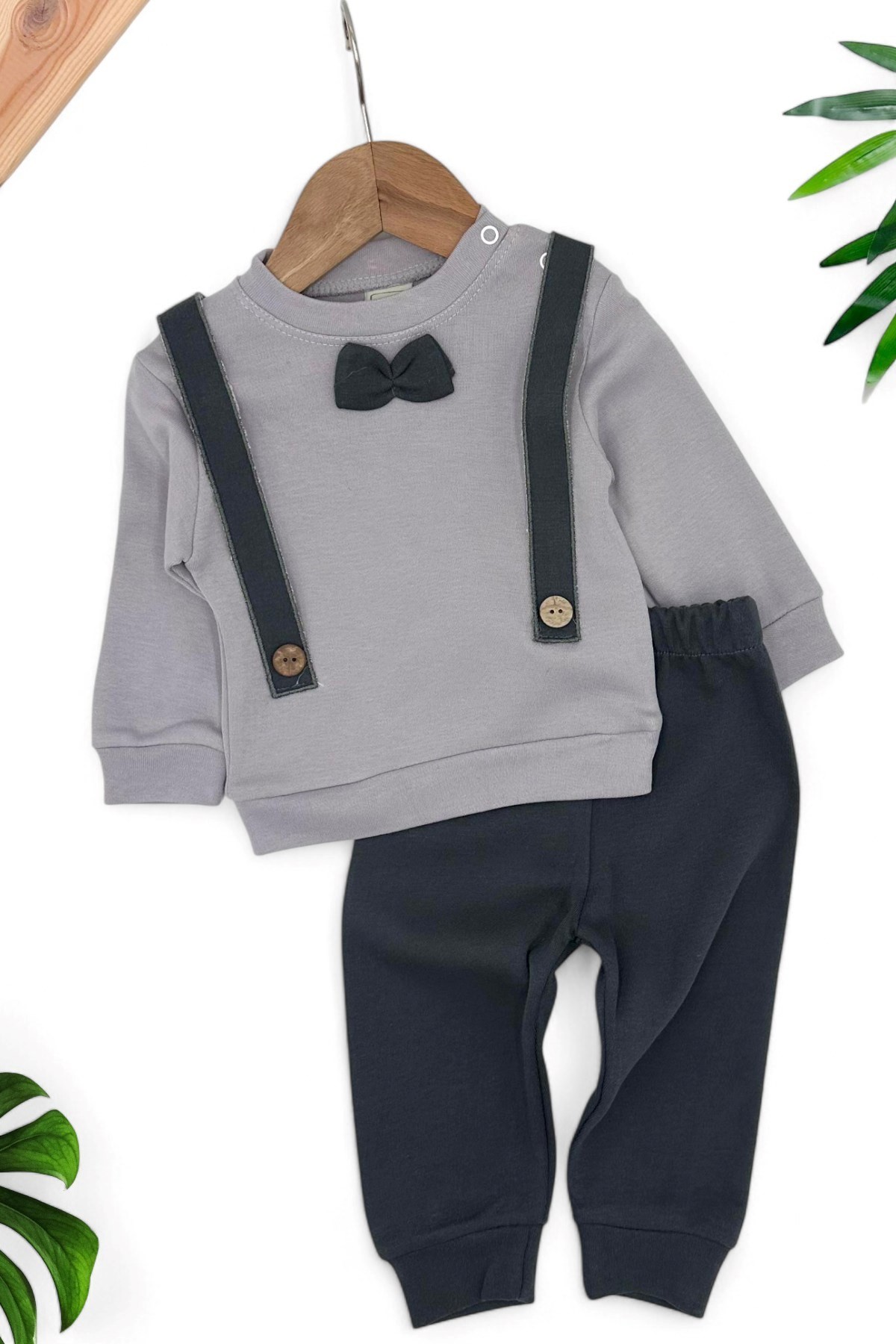 ERKEK BEBEK PAPYONLU ASKILIKLI BODY VE ALTI ŞIK RAHAT BEBEK TAKIMI 3-6-9-12 AY  R1378 - GRİ