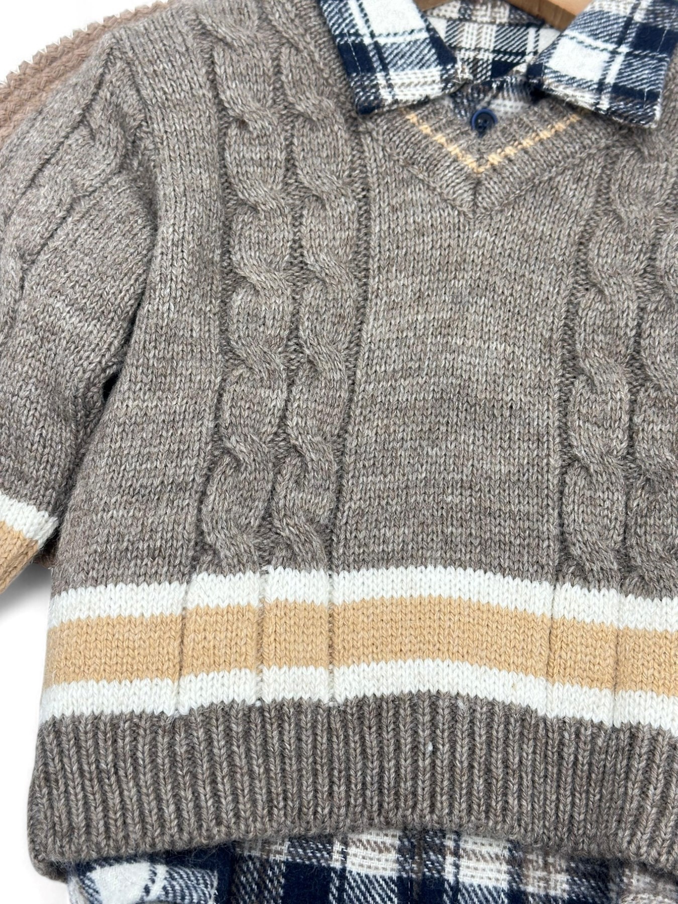 ERKEK ÇOCUK 1,5-2-3 YAŞ KIŞLIK ODUNCU GÖMLEKLİ TRİKO KAZAKLI KETEN PANTALONLU 3'LÜ ŞIK TAKIM R1431