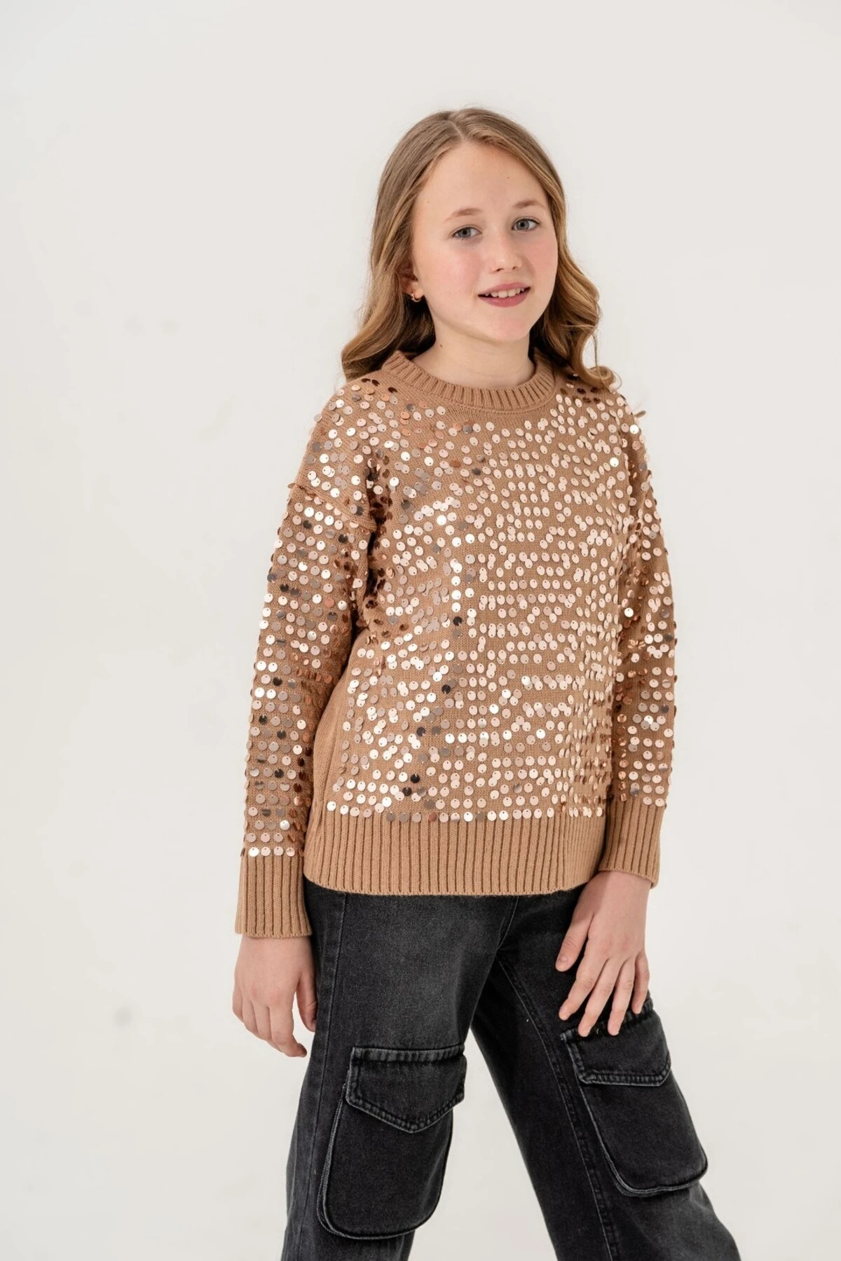 Kız Çocuk 9-15 Yaş Pullu Akrilik Kazak, Pullu Triko Çocuk Kazağı l 9-10-11-12-13-14-15 Yaş Kız Kazak