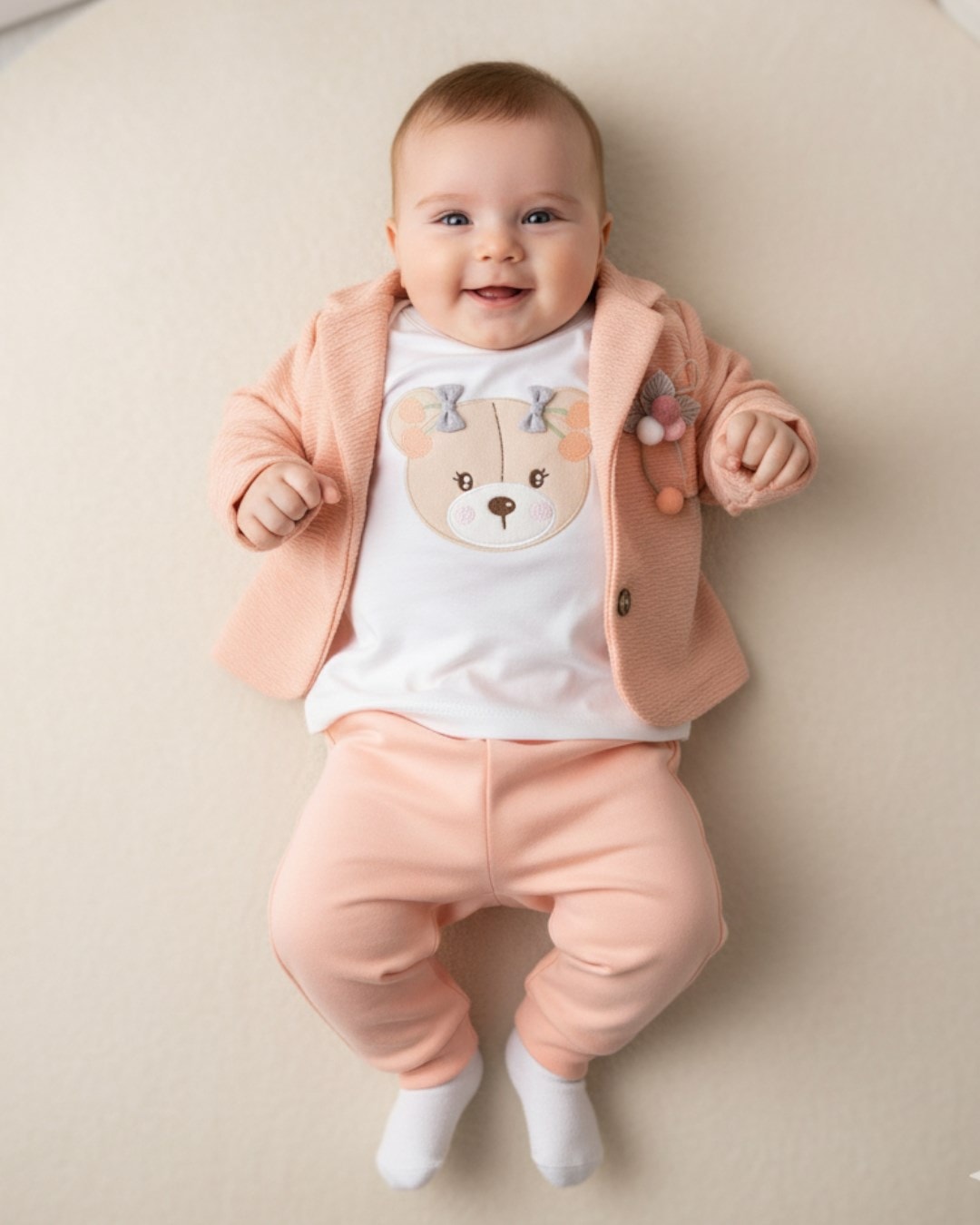 Kız Bebek Ayıcık Detaylı Ceketli 3 Parça Mevsimlik Şık Alt Üst Takım 0-12 Ay  R2220 - SOMON