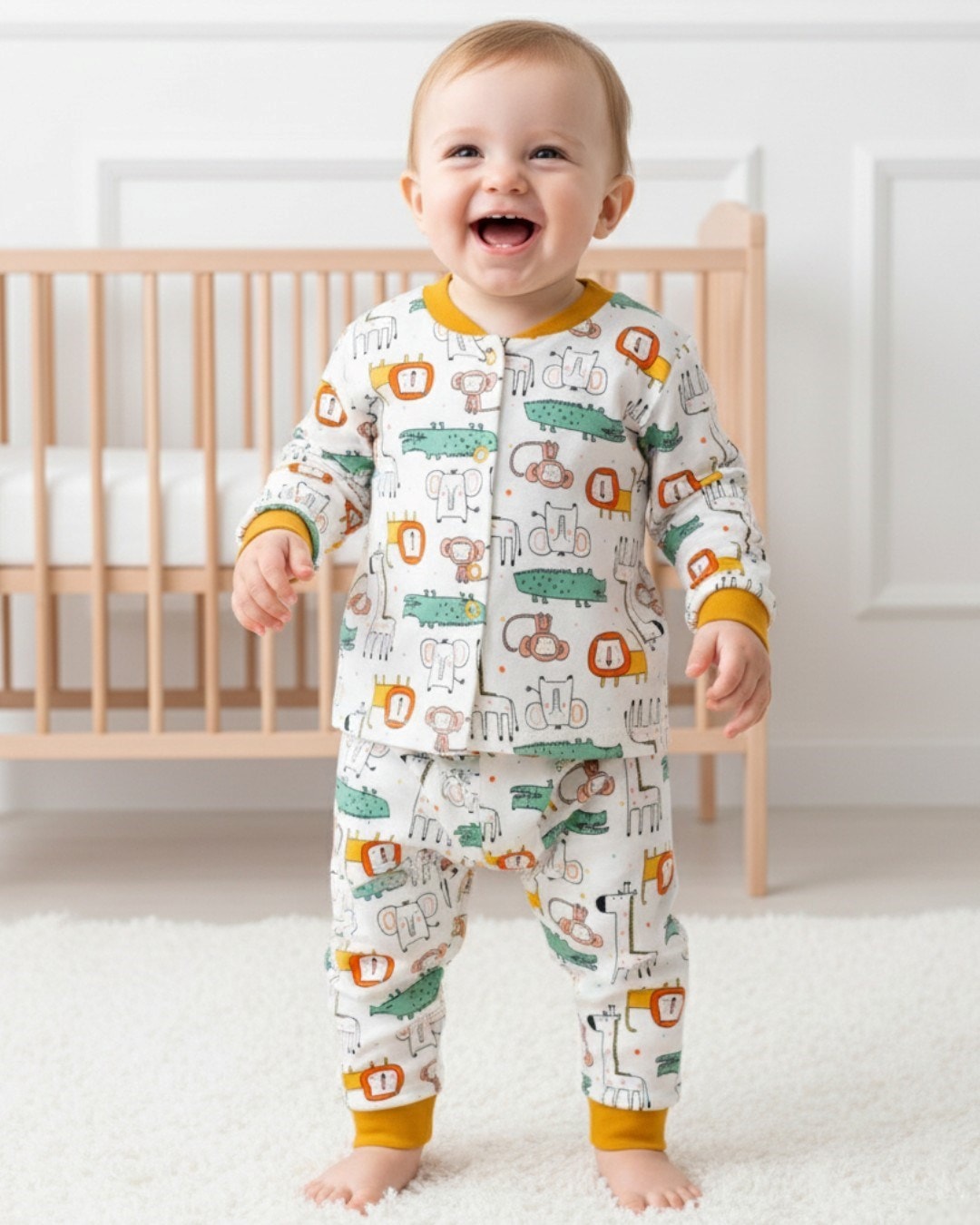 Erkek Bebek Hayvanlar Baskılı Mevsimlik %100 Pamuklu Çıtçıtlı Gecelik Pijama Takımı l 6-24 Ay R2252