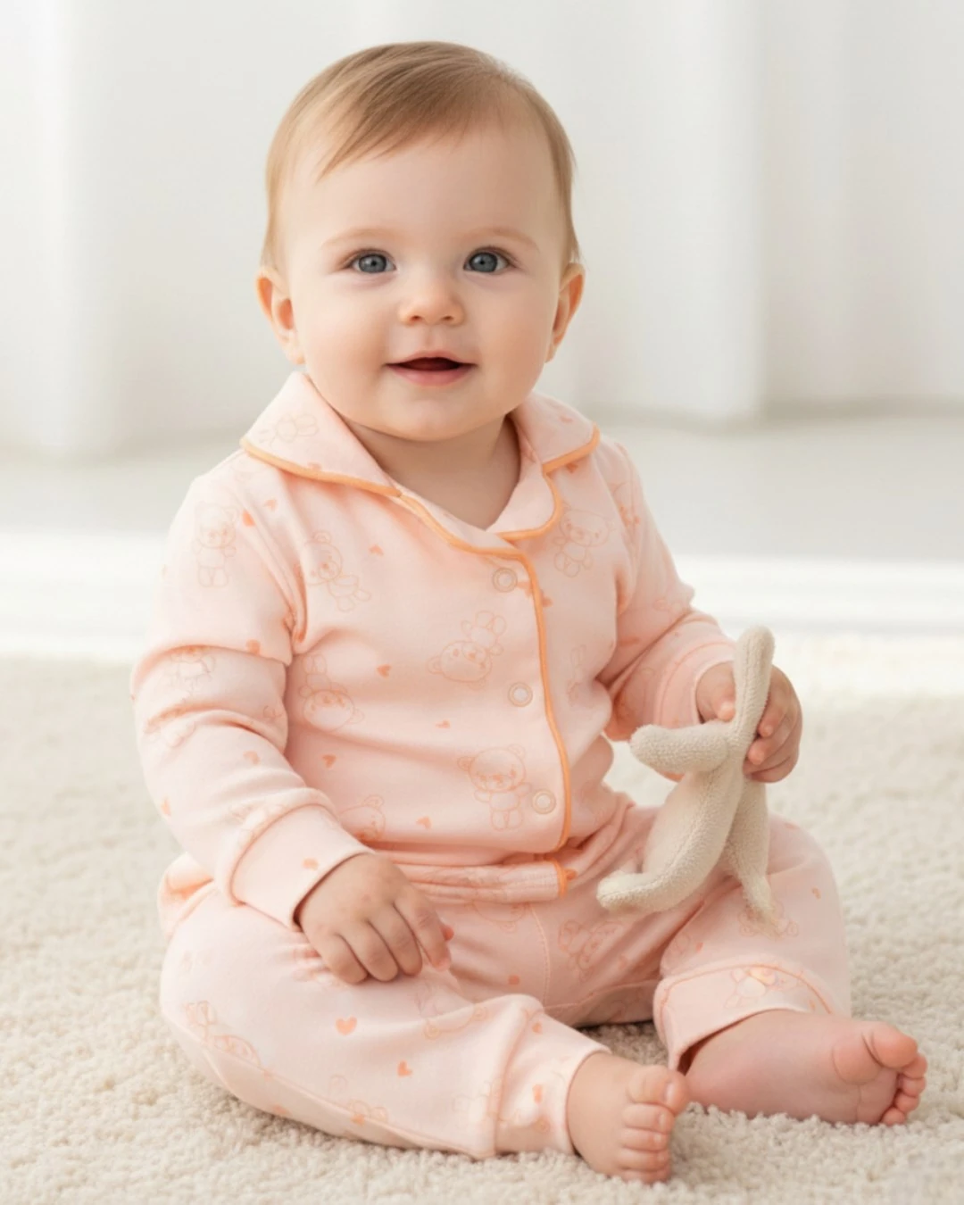 Kız Bebek Ayıcık Baskılı Kruvaze Yakalı %100 Pamuklu Lüx Gecelik Alt Üst 2'li Takım R2378