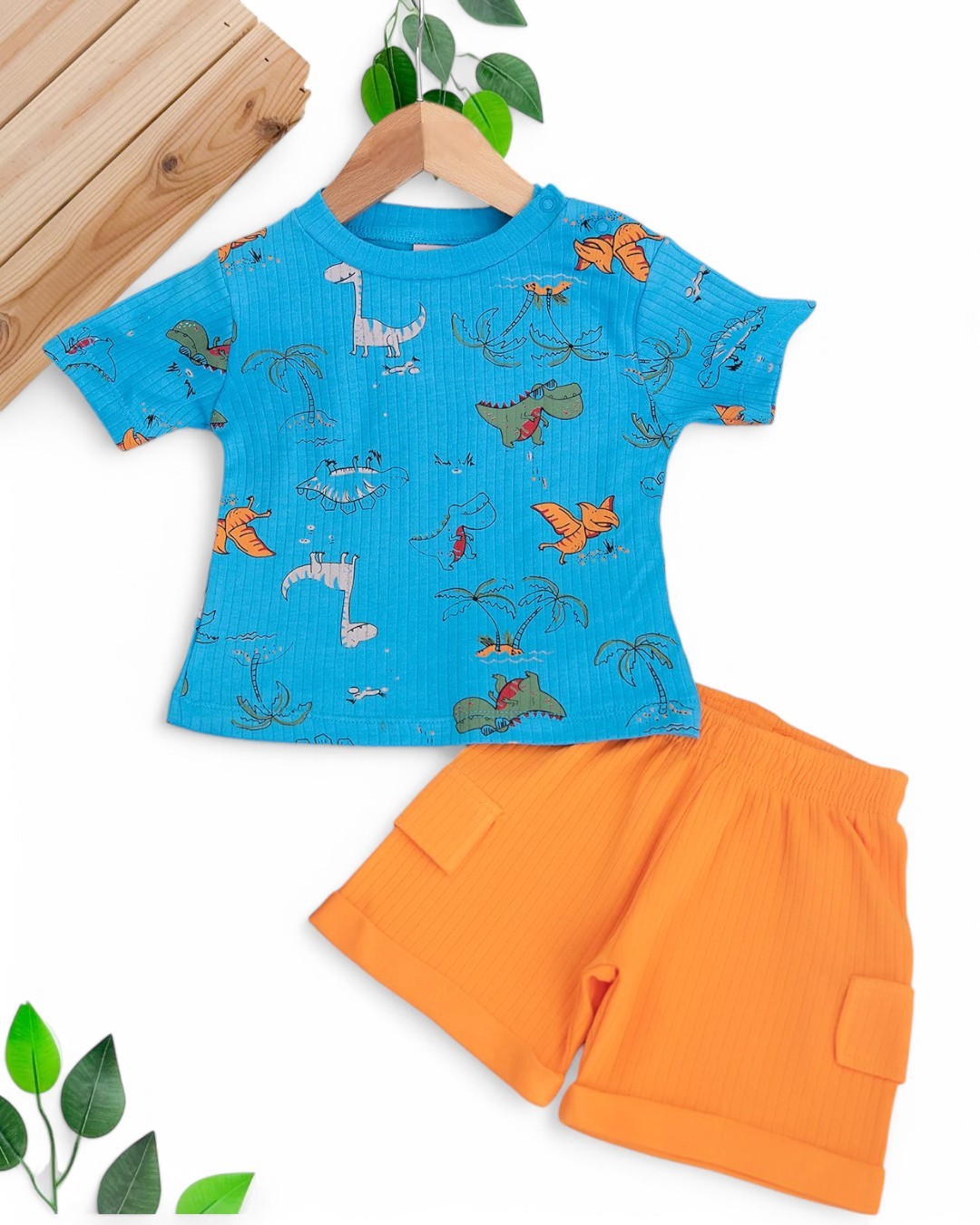 ERKEK BEBEK YAZLIK DİNOZOR BASKILI 6-9-12-18-24 AY FİTİLLİ CEPLİ ŞORTLU BEBEK TAKIMI R1690 - MAVİ