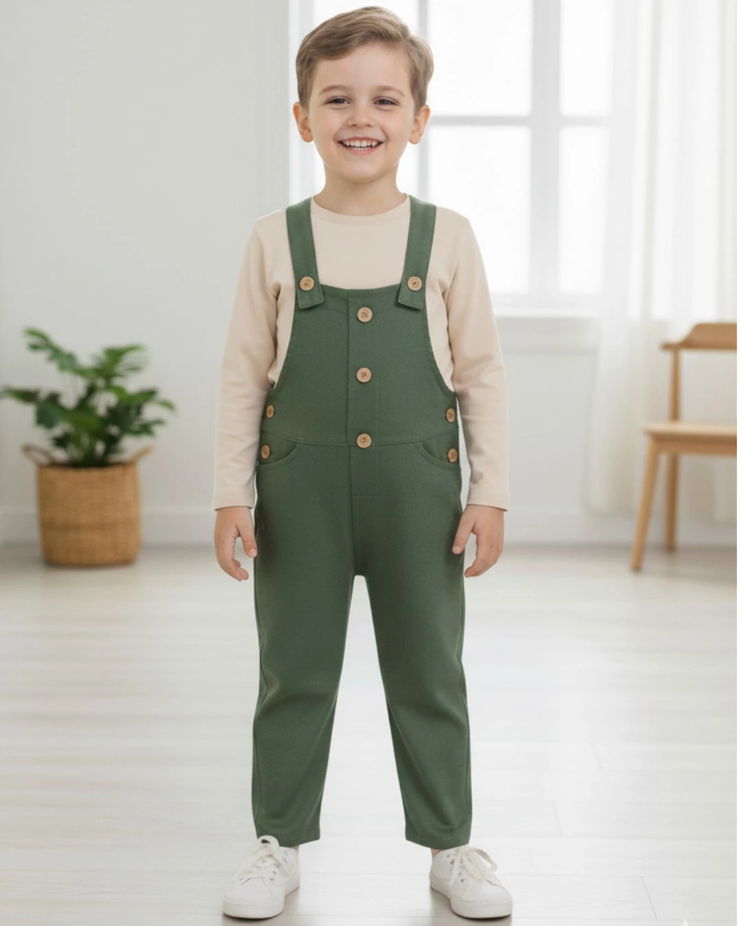 Erkek Çocuk 3-4-5-6-7 Yaş Keten Salopet Tulum Ve İç Badi R1615 - YEŞİL