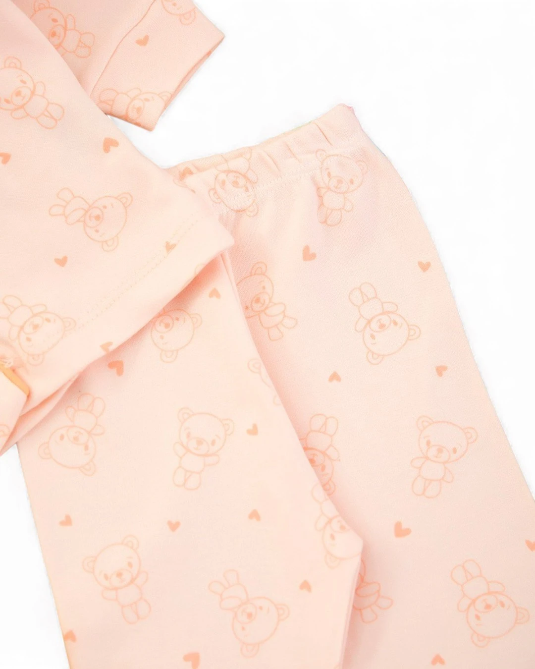 Kız Bebek Ayıcık Baskılı Kruvaze Yakalı %100 Pamuklu Lüx Gecelik Alt Üst 2'li Takım R2378