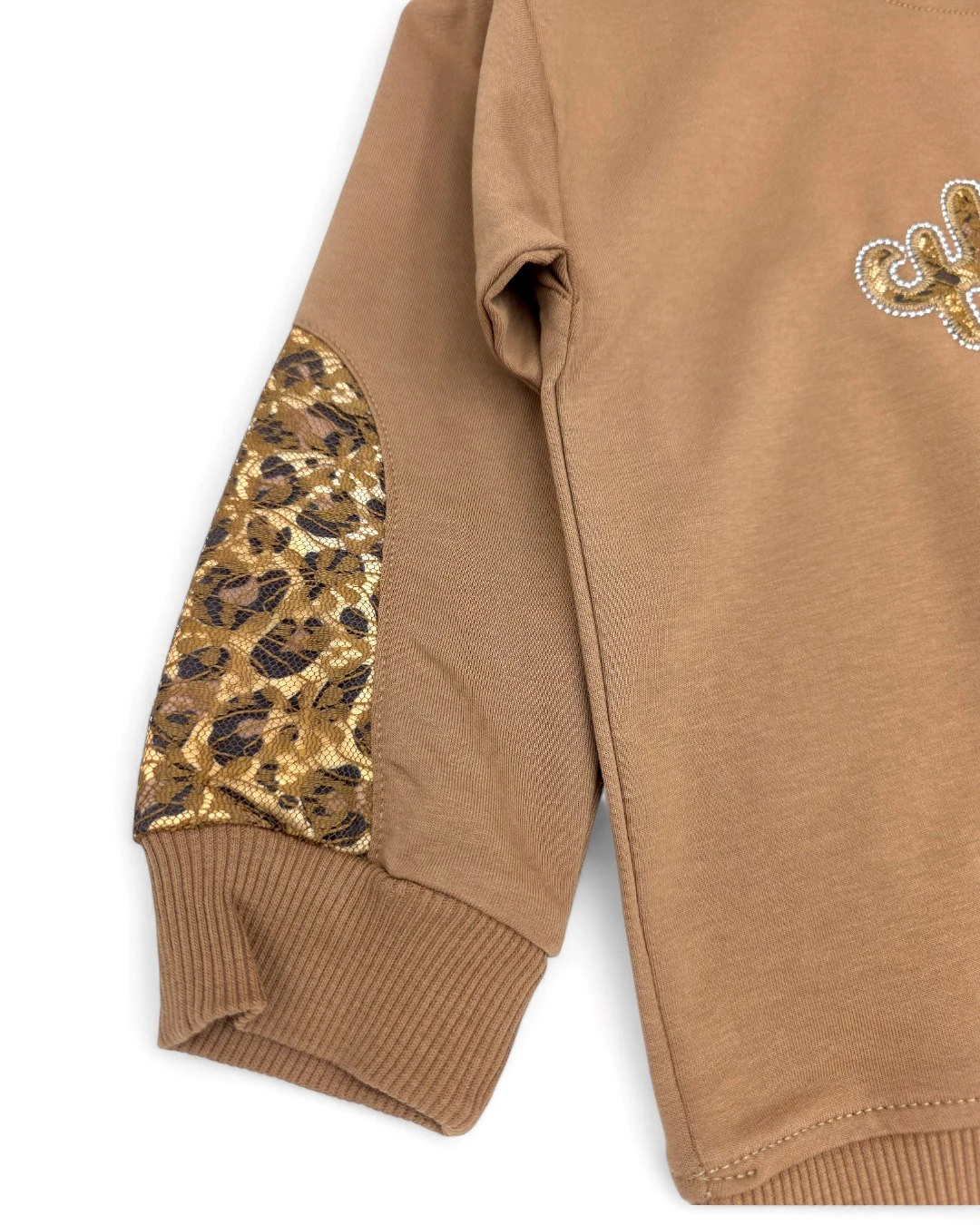 Kız Çocuk Boydan  Leopar Ve Dantel Detaylı 2 İplik Mevsimlik Compact Geniş Paçalı Şık Eşofman Takımı  R2192