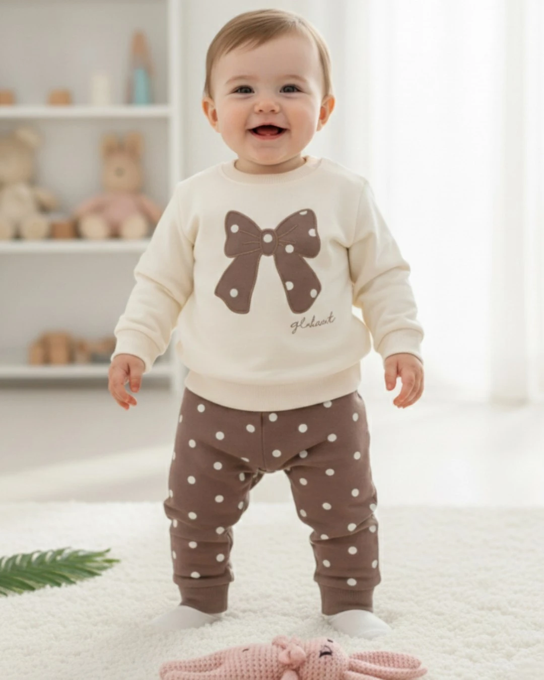 Kız Bebek Fiyonklu Mevsimlik 2'li Takım (6-24 Ay) – Puantiyeli Alt, Nakış Detaylı Üst R2380 - KAHVE