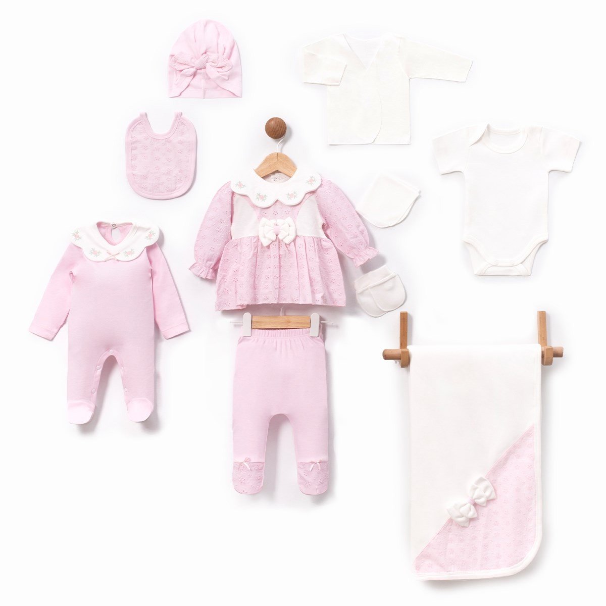 KIZ BEBEK ÇİÇEK NAKIŞLI GÜPÜRLÜ 10'LU HASTANE ÇIKIŞI ZIBIN SETİ HC34 - PEMBE