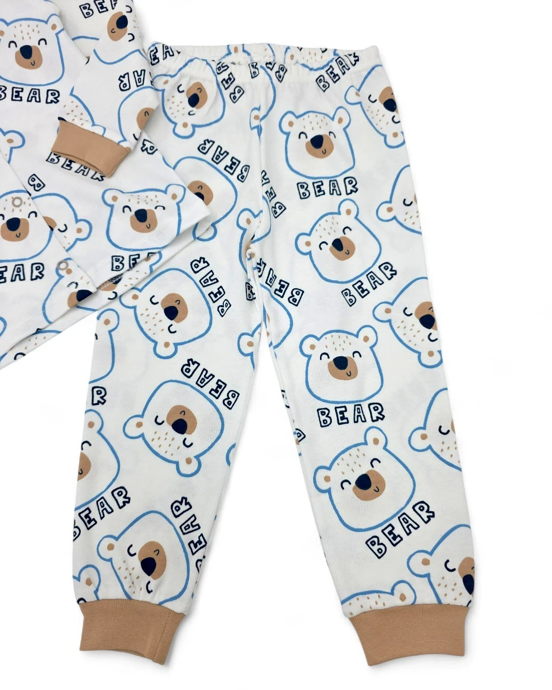 Erkek Bebek Ayıcık Baskılı Mevsimlik %100 Pamuklu Çıtçıtlı Gecelik Pijama Takımı l 6-24 Ay R2252