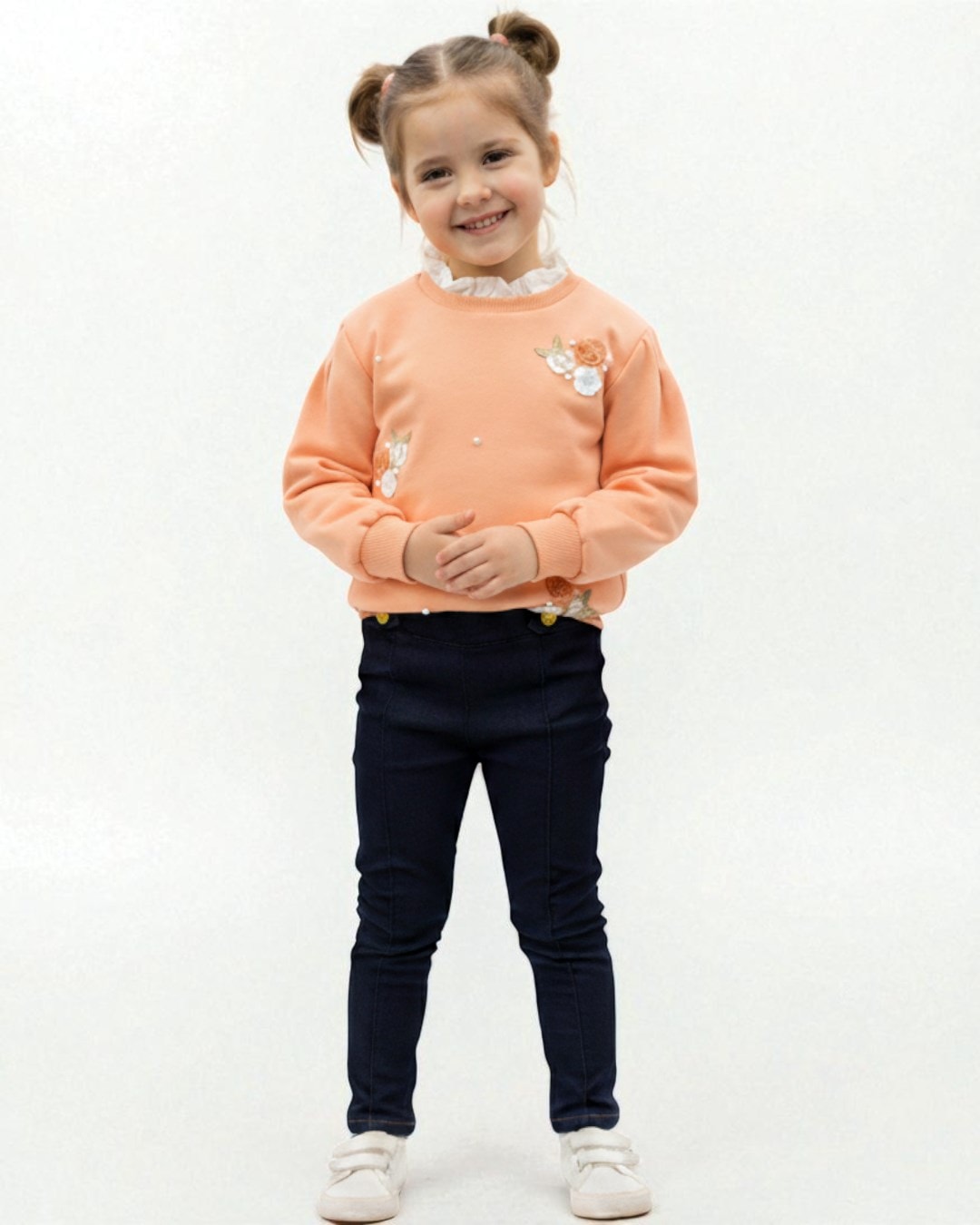 Kız Çocuk Çiçek Nakışlı Yaka Detaylı, Taytlı 2-10 Yaş Arası, Şık Alt Üst Takım R2329 - TURUNCU