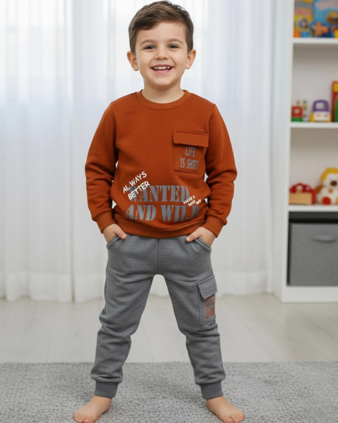 ERKEK ÇOCUK 3 İP ŞARDONLU KIŞLIK EŞOFMAN TAKIMI / 2-10 YAŞ / ERKEK ÇOCUK SWEATSHİRT, EŞOFMAN ALTI R2272 - KİREMİT