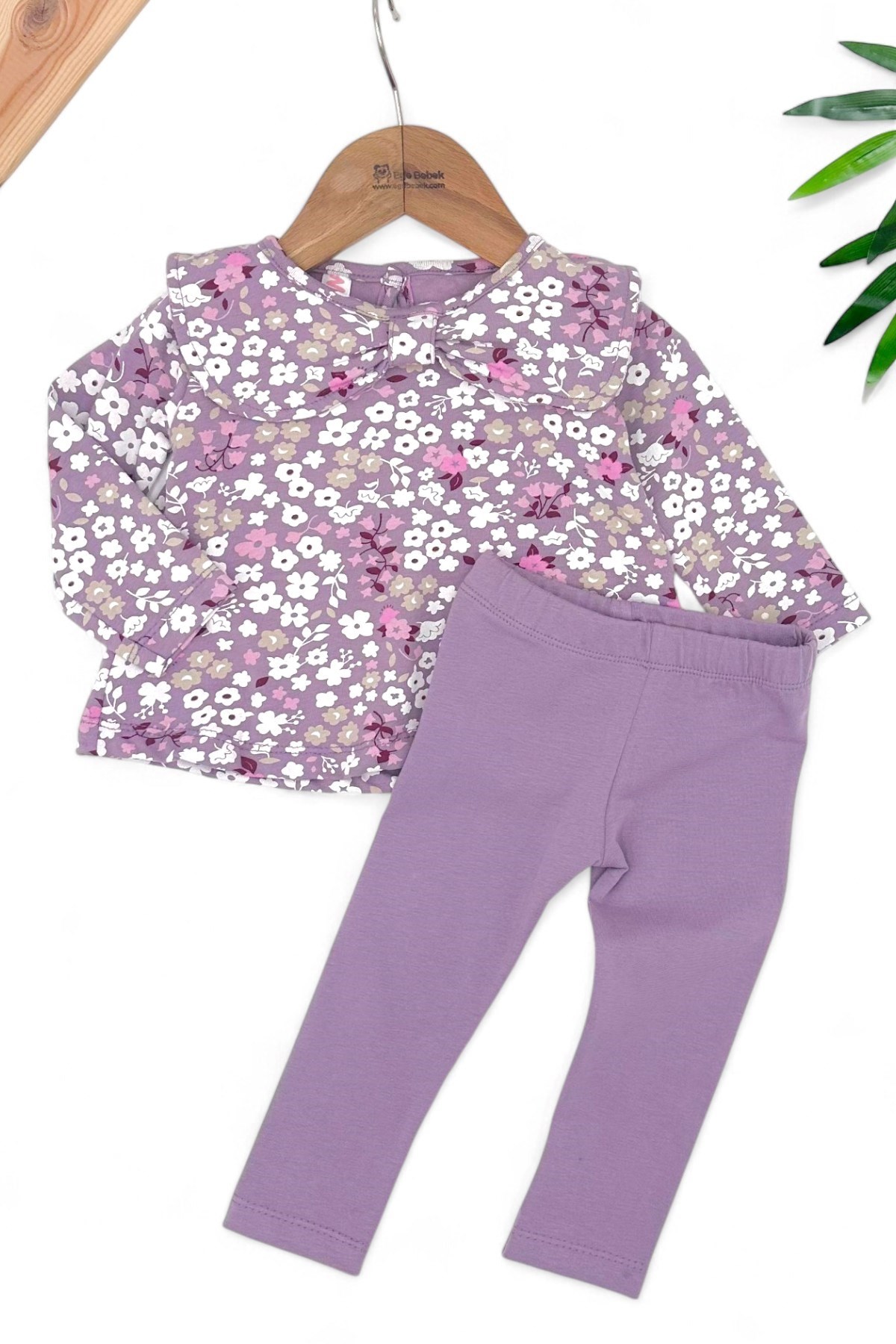 KIZ BEBEK ÇİÇEK BASKILI YAKALI MEVSİMLK ALT ÜST 3-6-9-12-18 AY BEBEK TAKIMI R1496 - LİLA