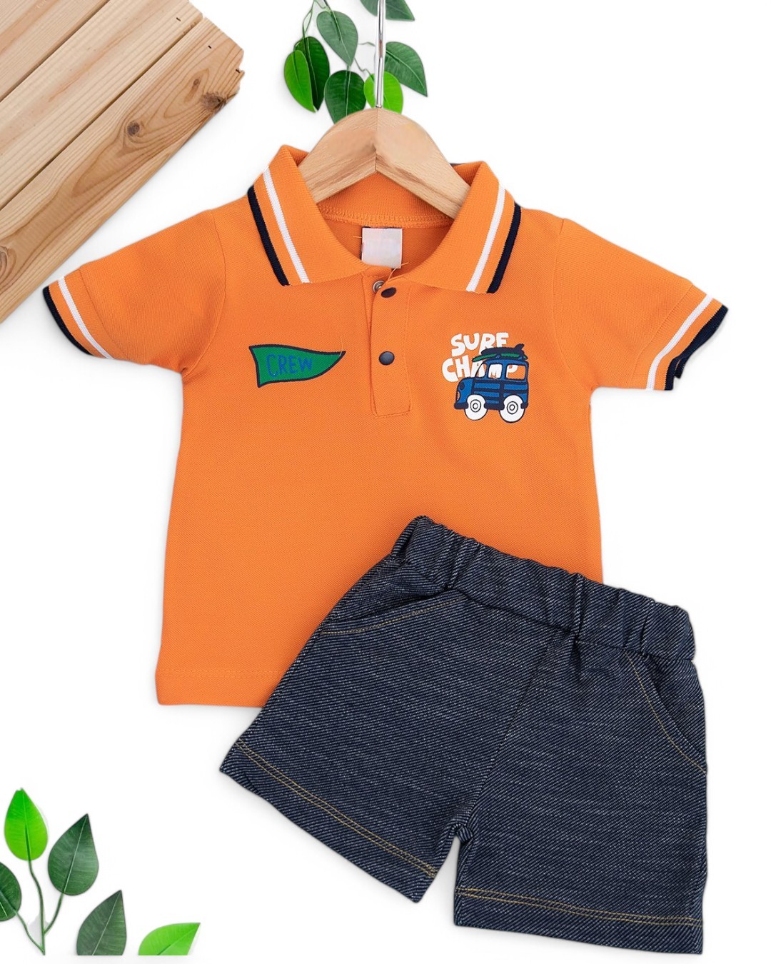 ERKEK BEBEK YAZLIK POLO YAKALI KOT GÖRÜNÜMLÜ YUMUŞAK ŞORTLU 2'Lİ 6-9-12-18-24 AY BEBEK TAKIMI R1693 - TURUNCU
