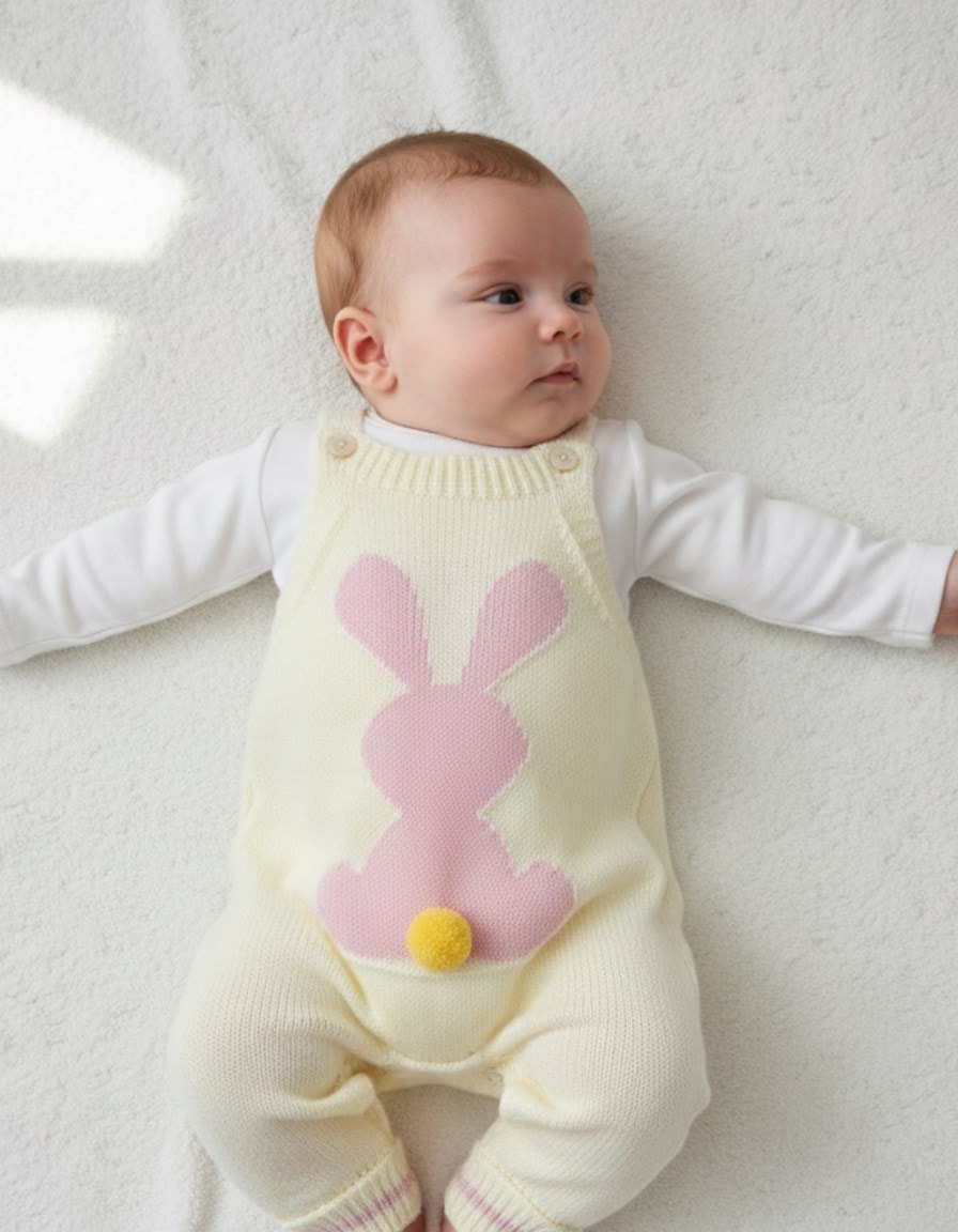  Kışlık Tavşan Detaylı Triko Salopet ve İç Badili Takım, 3-6-9-12 Ay Triko Bahçıvan Tulum R2206 - EKRU-PEMBE