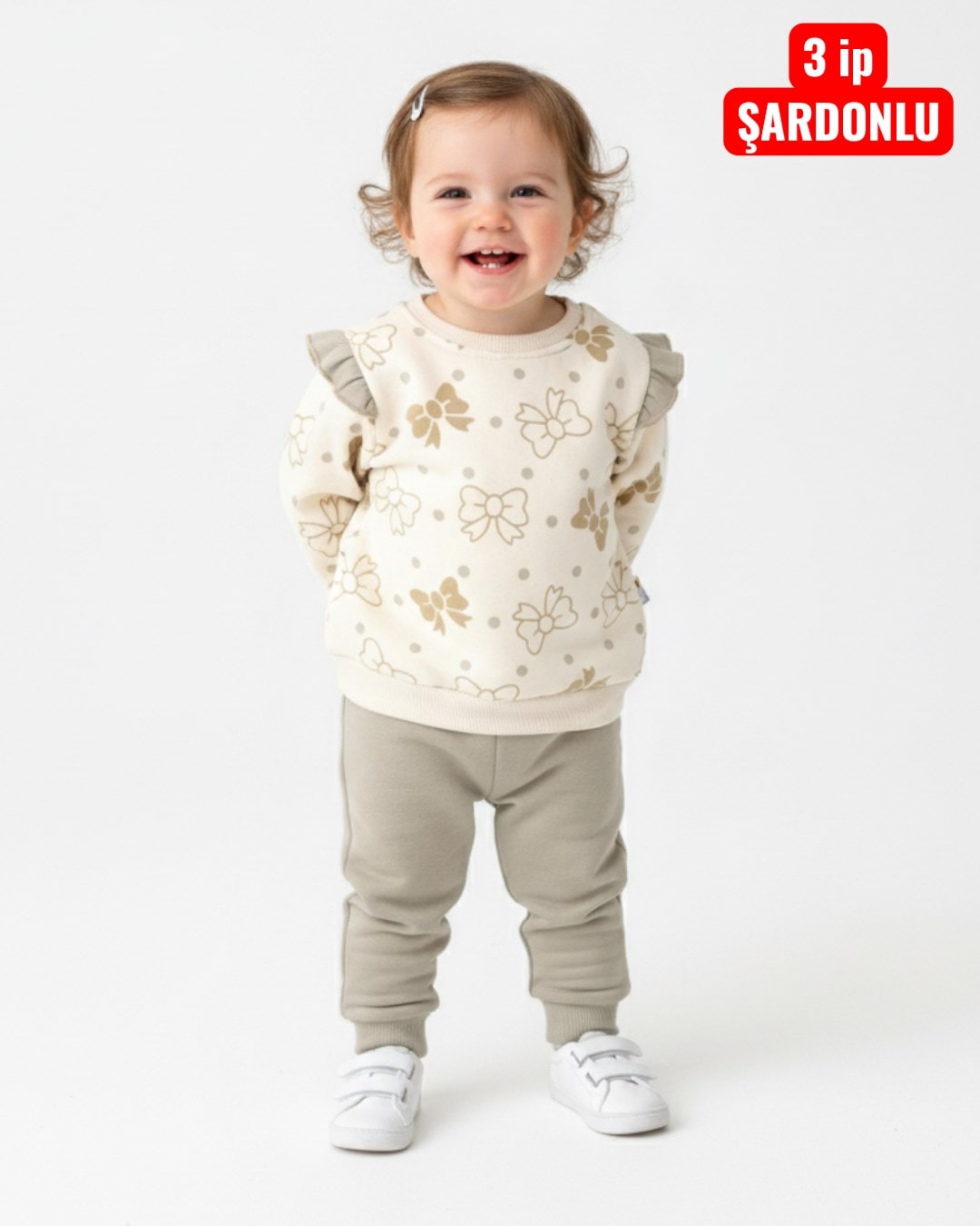 Kız Bebek Fiyon Baskılı Kışlık 3 İp Şardonlu Fırfırlı 6-9-12-18-24 Ay Alt Üst Şık Takım R2310 - BEJ