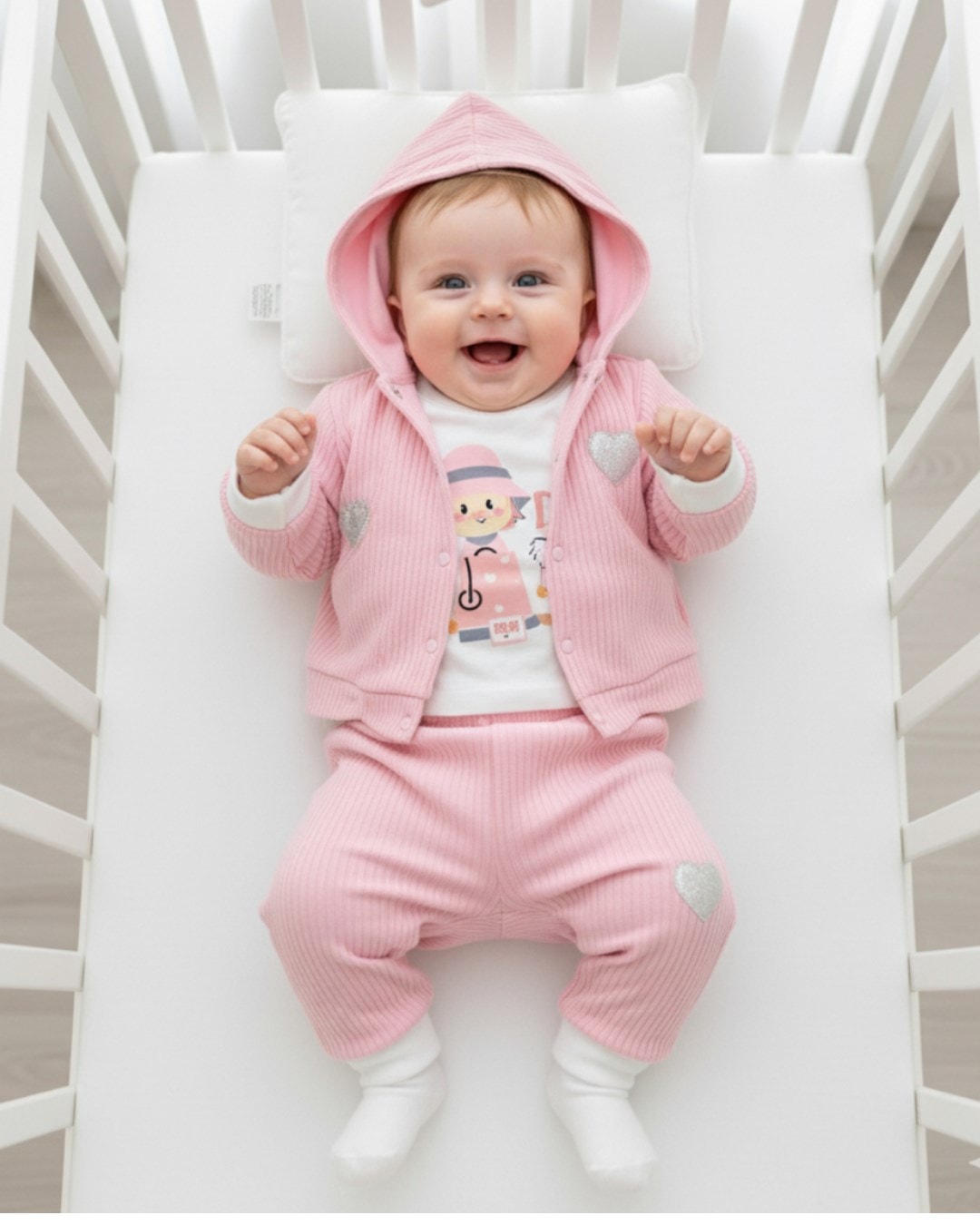 Yeni Doğan 0-3-6-9-12 Ay Kız Bebek Kalp İşlemeli Kapüşonlu 3'lü Takım | %100 Pamuk R2223 - PEMBE