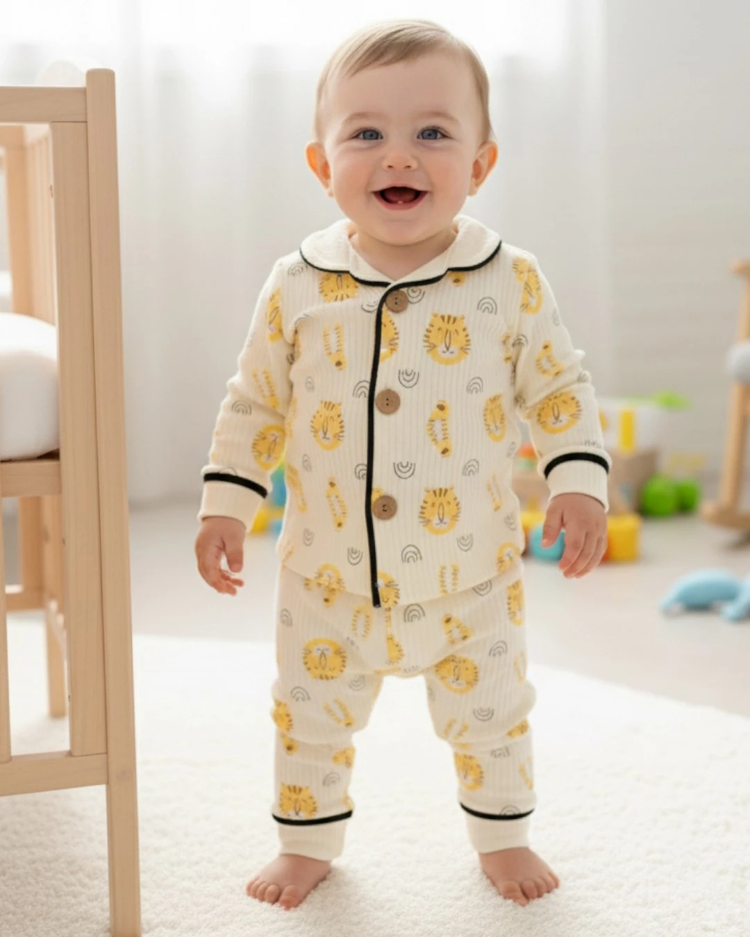 Erkek Bebek Sevimli Kaplan Baskılı 6-9-12-18-24 Aylık Mevsimlik Fitilli Kruvaze Yakalı Gecelik Pijama Takımı R2338