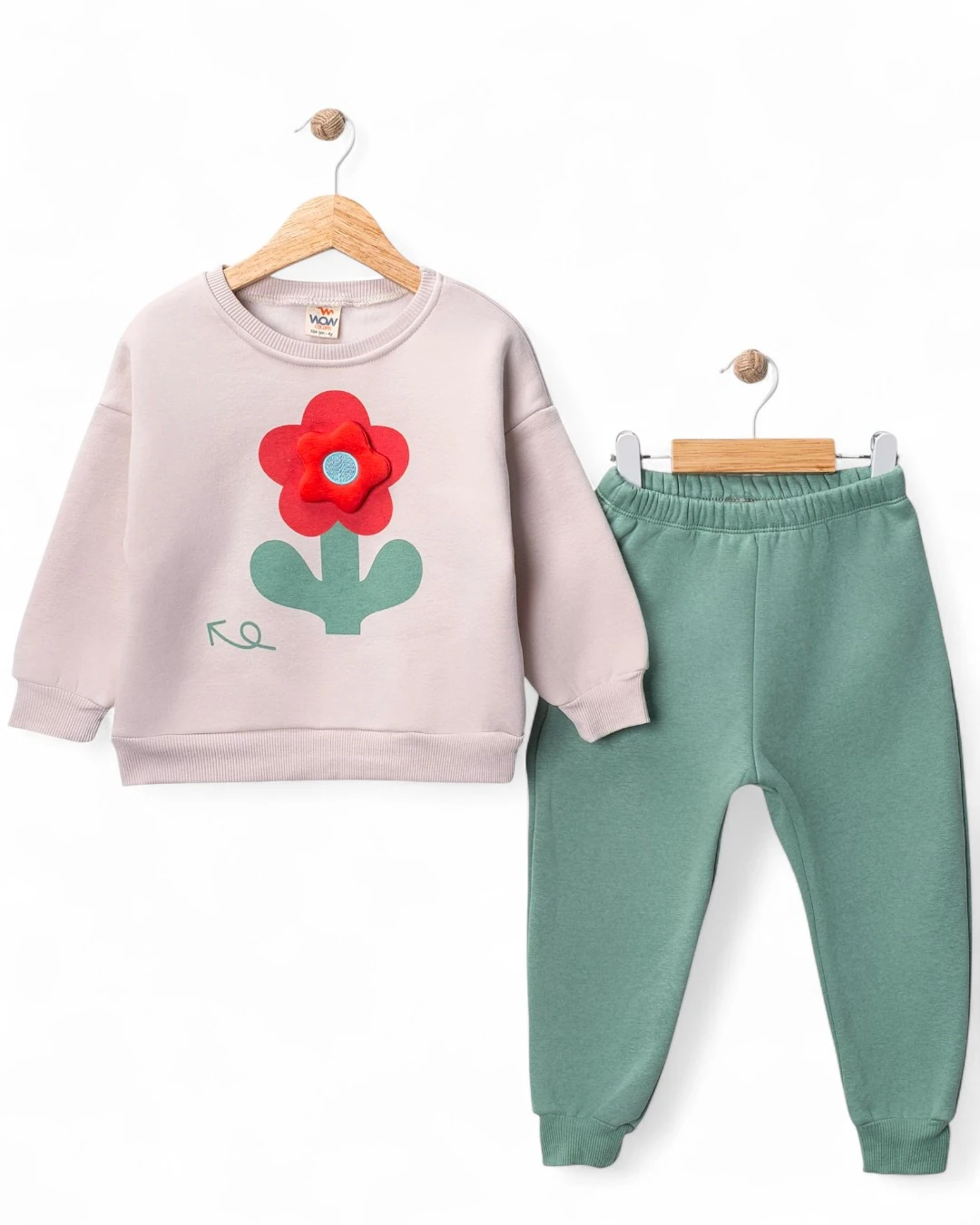 Kız Çocuk 1-2-3-4 Yaş Kışlık 3 İp Şardonlu, Çiçek Detaylı Alt Üst Eşofman Takımı R2341