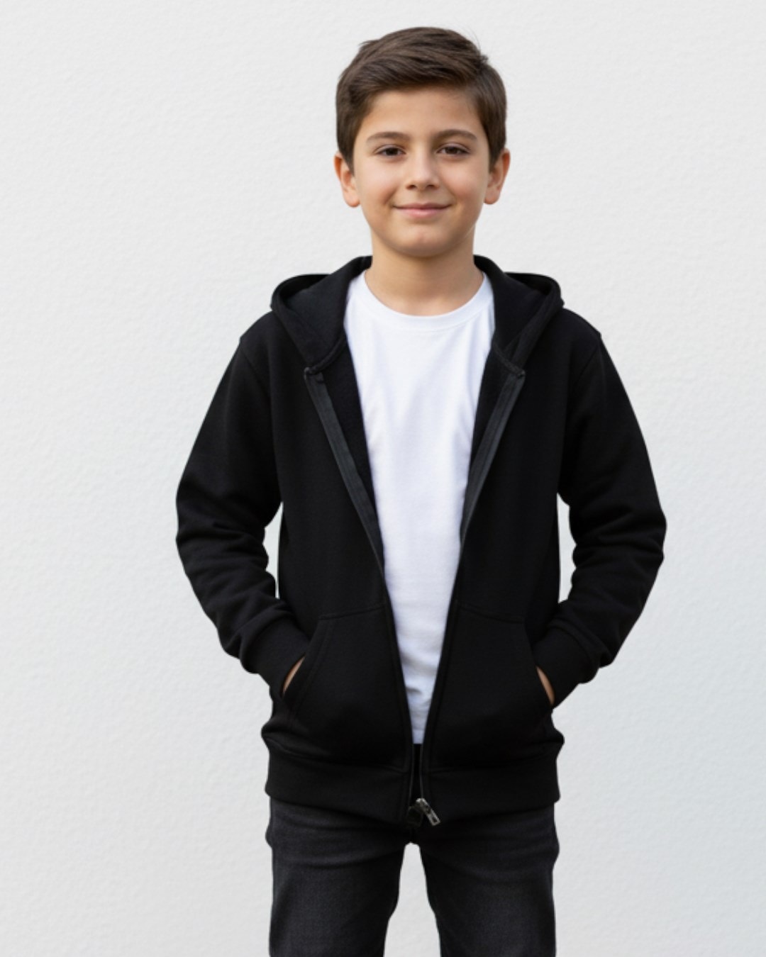 6-16 Yaş Basic Fermuarlı Siyah Kapüşonlu Hırka - Rahat Kışlık Sweatshirt / 3 İp Şardonlu R2216