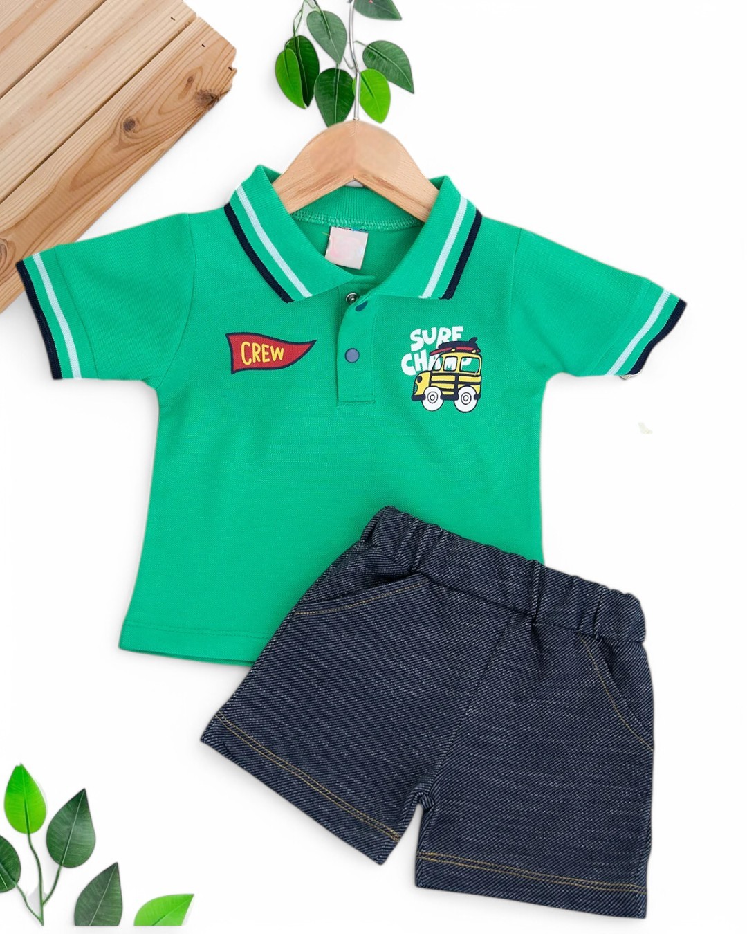 ERKEK BEBEK YAZLIK POLO YAKALI KOT GÖRÜNÜMLÜ YUMUŞAK ŞORTLU 2'Lİ 6-9-12-18-24 AY BEBEK TAKIMI R1693 - YEŞİL
