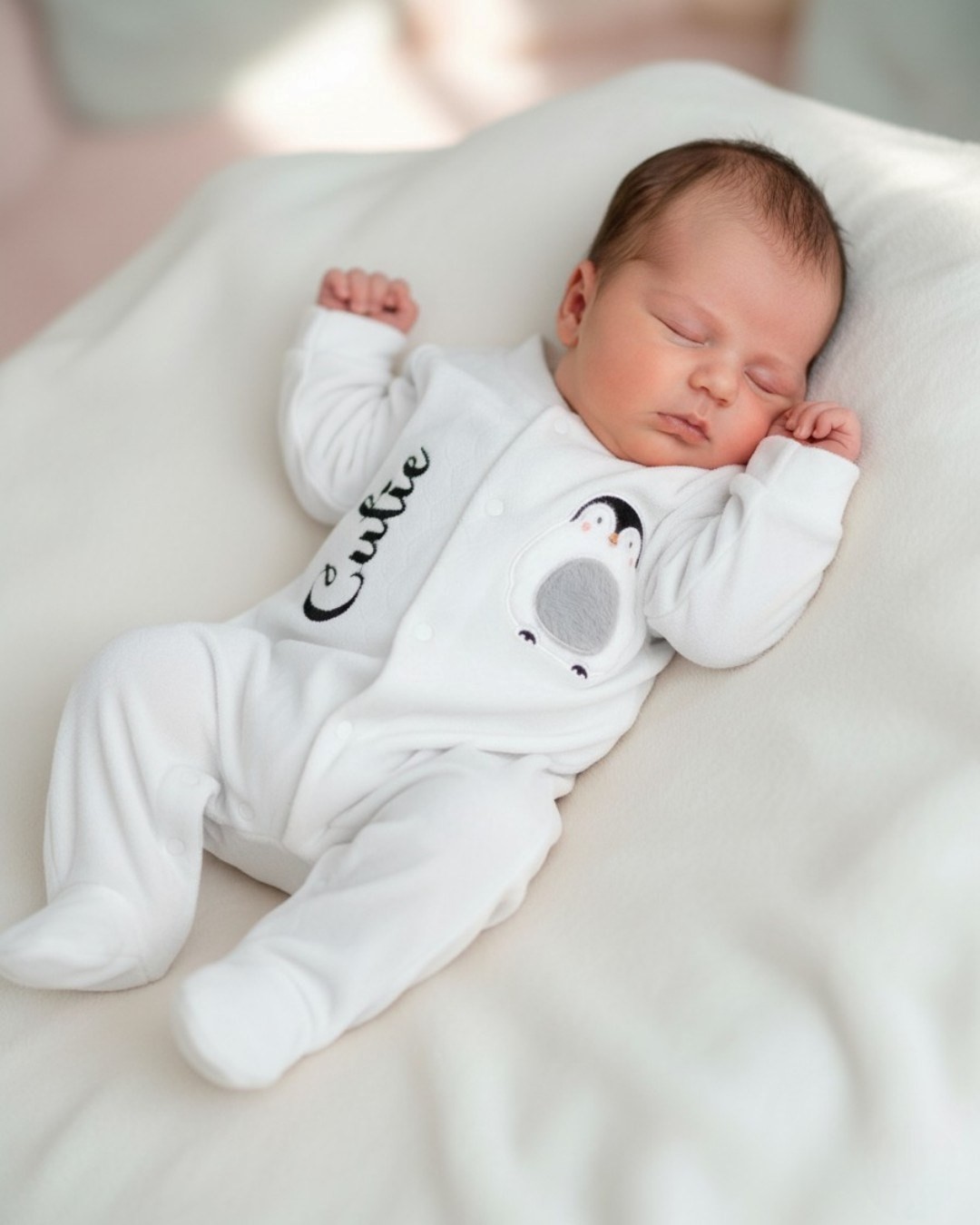 Bebek Kışlık Penguen Desenli %100 Pamuklu 0-1-3-6 Ay Kadife Çıtçıtlı Tulum R2163 - BEYAZ