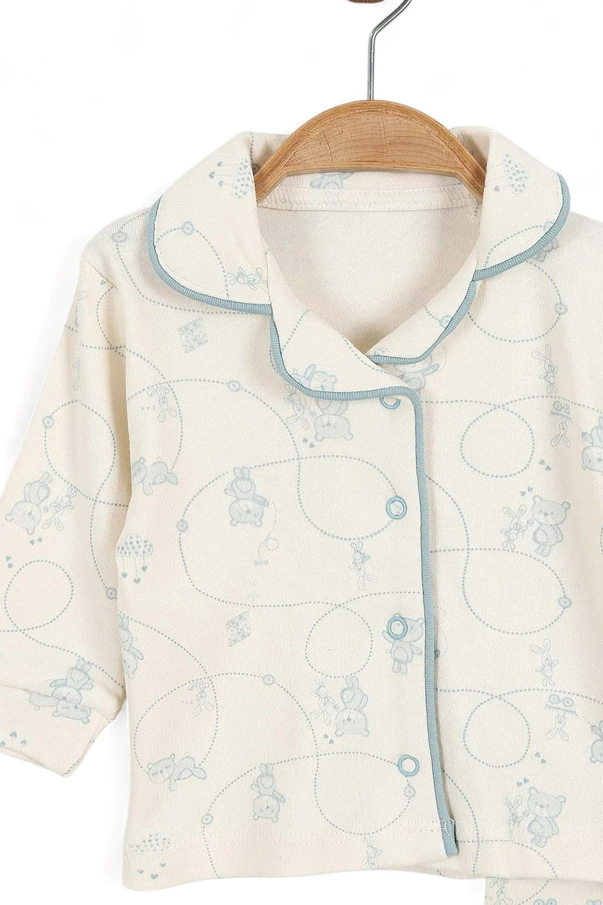 Ayıcık Baskılı Kruvaze Yakalı 3-6-9-12 Ay %100 Pamuklu Pijama Takımı l Gecelik Takımı R2041