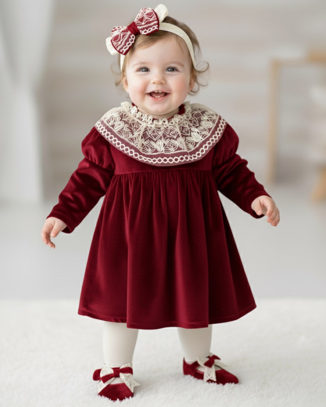 Kız Bebek Dantel Yakalı, 3-6-9-12-18 Aylık Bandanalı Kadife Elbise, İçi Astarlı Kadife Elbise R2330